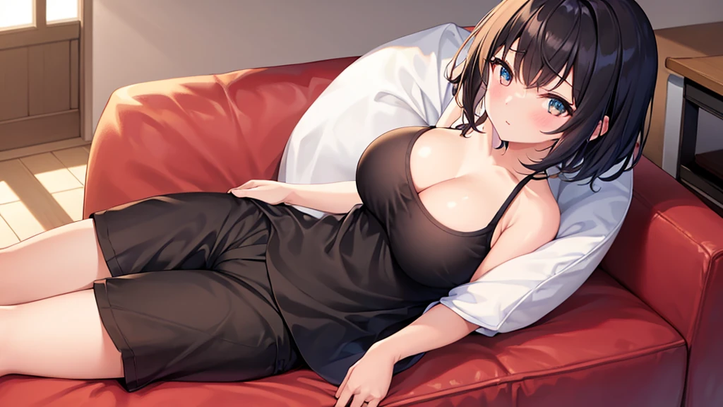 ((1 female))、full body、masterpiece、best image quality、ultra high resolution、The moment my lover caused a miracle、great visual depiction、professional effects、NSFW、Elementary school girl with big breasts、short hair、red face、shyly、mock、A black camisole revealing the chest of an elementary school girl、Black T-back pants for elementary school girls、sitting on the sofa、in the living room