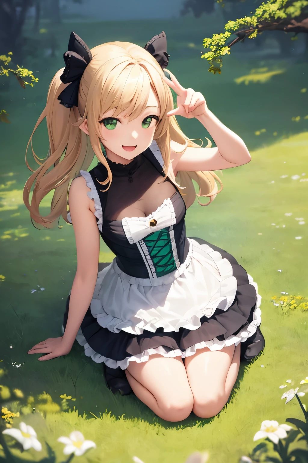 (Best Picture Quality, 4K, High Quality, Masterpiece:1.2), ((Masterpiece)), High Detail, High Quality, (HDR,16k, RAW Beautiful Girl Portrait, Best Picture Quality, Masterpiece:1.2), (Ultra-Definition Illustration), nsfw, idolmaster, idol costume, young teen, spotlight, extremely cute, blond hair, short cut, twintail hair, sleeveless, detached sleeves, (green & yellow frilled dress with flower stitches:1.3), tiara, showing armpits, embarrassed, crying, pantyhose, colorful wet race lingerie, spread legs, open chest, cum on pussy, showing breast