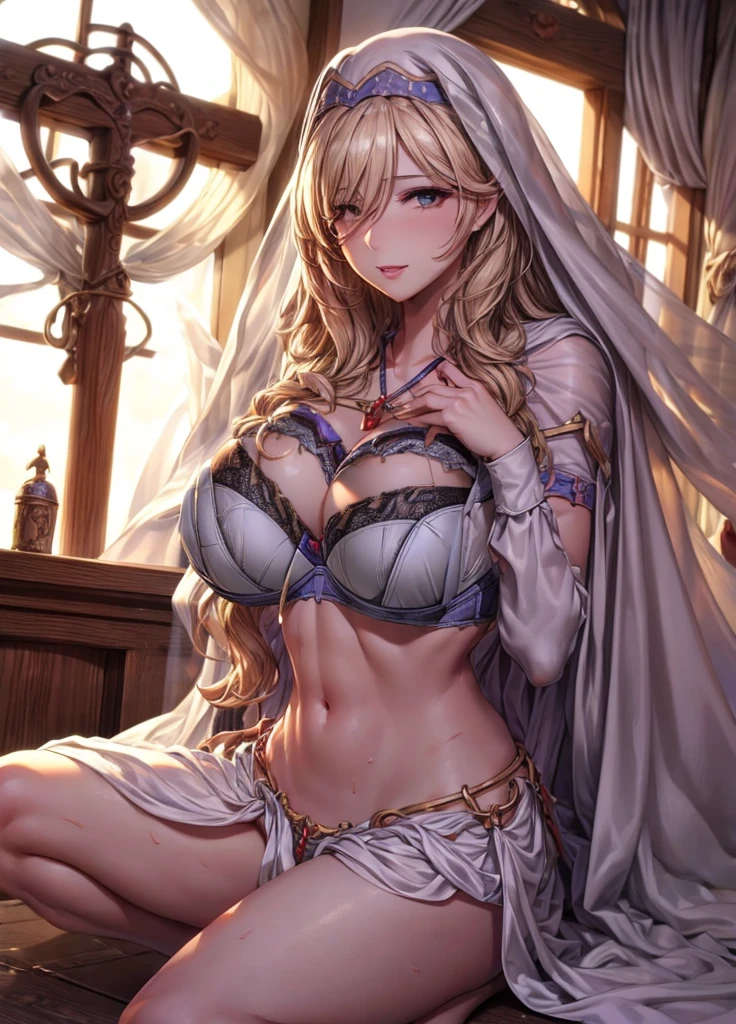(important Notice:1.6), 1 girl , (There is a mole in the corner of the left mouth) , (bored student), hanging breasts, big breasts:1.2, cover nipples, Neckline trim, (( bra curtain:1.7)),((cover breasts)), (wet breasts:1.2), (Moist nipples:1.2), (Areola slippage:1.2), big butt, blond, white dress, Corruption, long hair, thigh, collar, hair between eyes,, only, bare shoulders, jewelry, White Dresser Lisa Smile Style), upper part of body, church, (shiny skin:1),(masterpiece:1.4),(best quality:1.4), Sexy, permanent, milf, sword maiden, Goblin Slayer