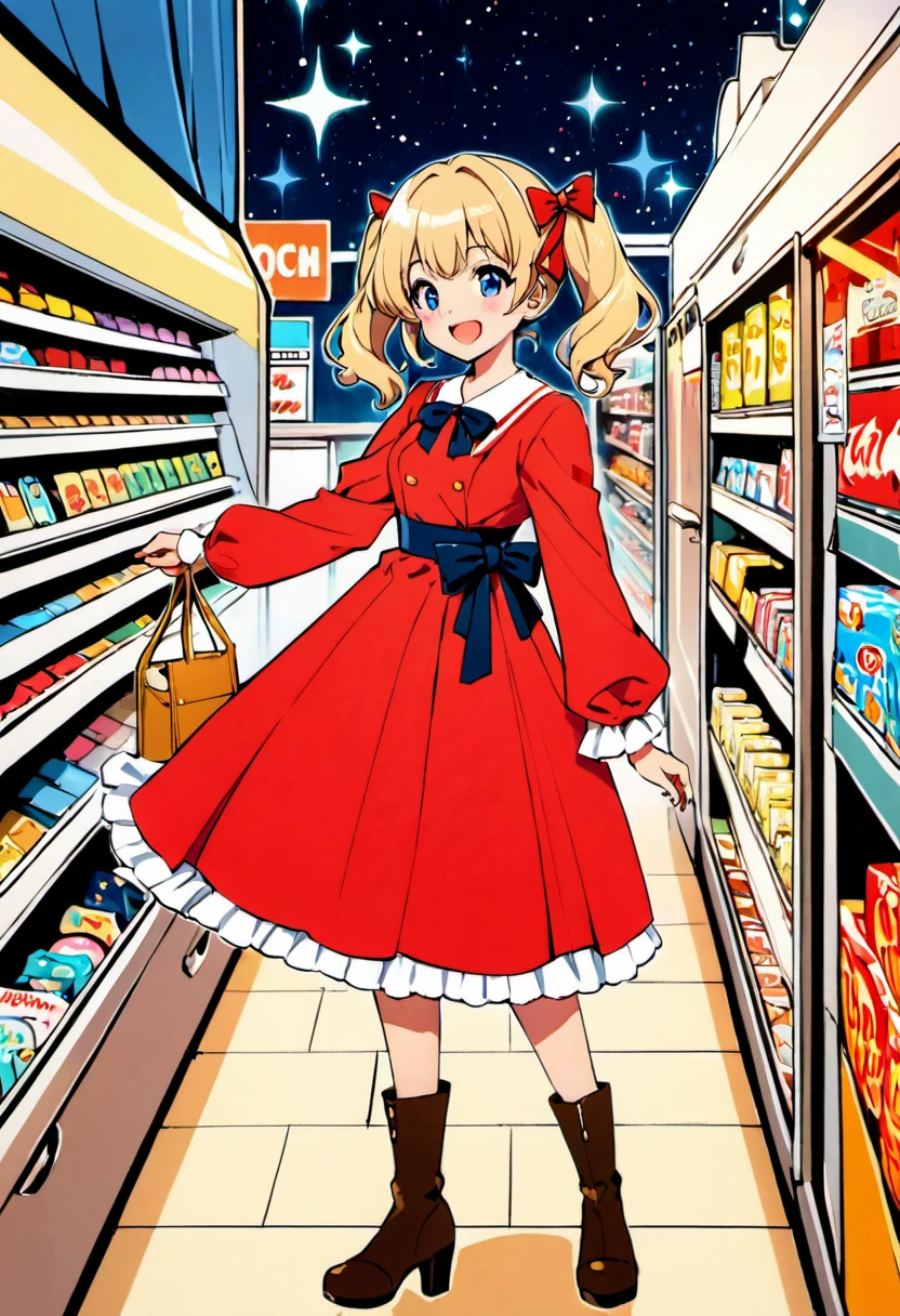Candy Candy\' by Toei Animation, detailed art style, vintage aesthetic, emotional melodrama, inspired by Keiko Nagita and Yumiko Igarashi's original manga, in a midnight convenience store, starry night, dress, blonde_hair, twintails, boots, flower, bow, open_mouth, red_dress, hair_bow, frills, retro_artstyle, ribbon, smile, blue_eyes, long_hair, long_sleeves, full_body