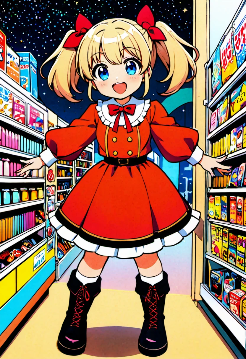 Candy Candy\' by Toei Animation, detailed art style, vintage aesthetic, emotional melodrama, inspired by Keiko Nagita and Yumiko Igarashi's original manga, in a midnight convenience store, starry night, dress, blonde_hair, twintails, boots, flower, bow, open_mouth, red_dress, hair_bow, frills, retro_artstyle, ribbon, smile, blue_eyes, long_hair, long_sleeves, full_body