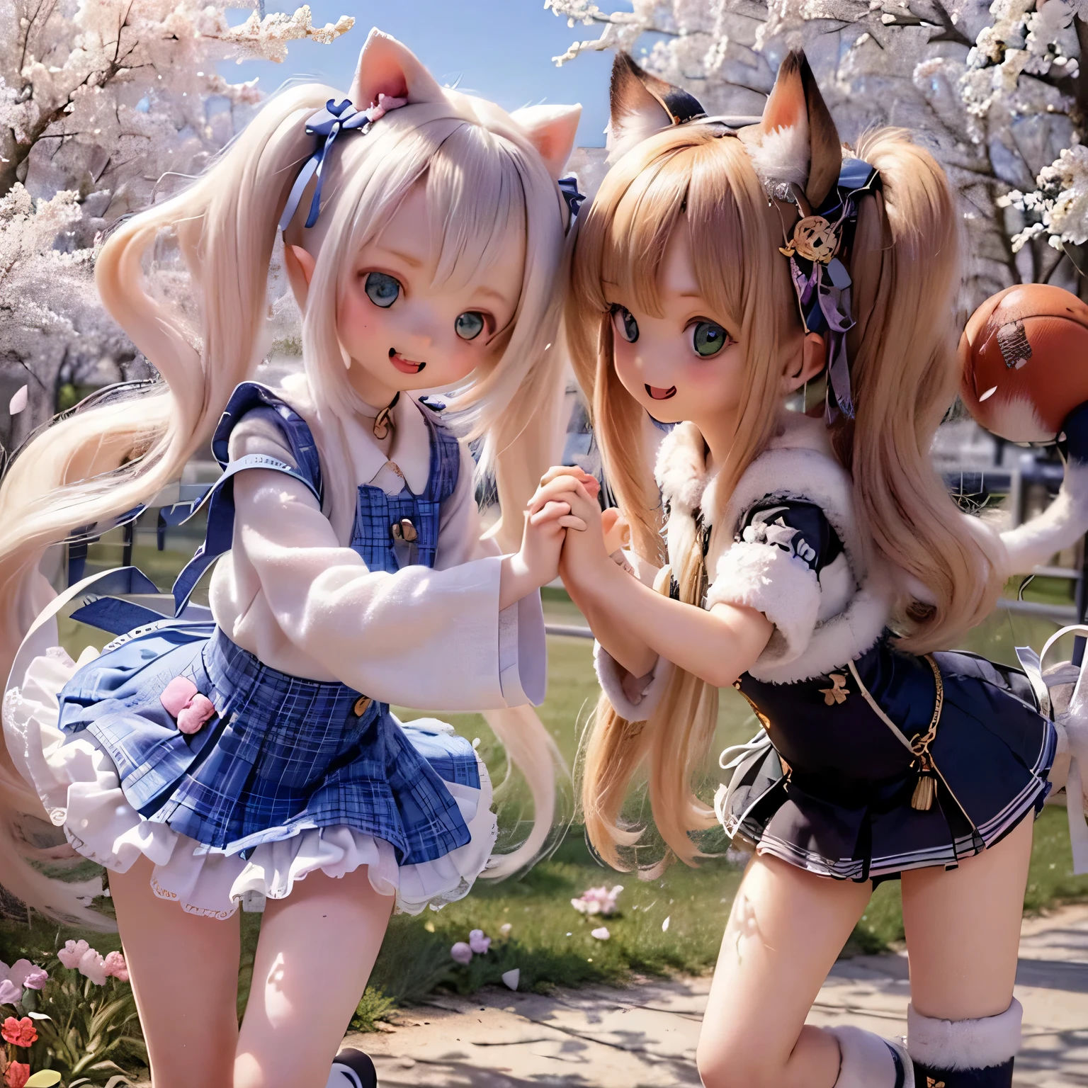 best quality,ultra-detailed,realistic,portrait,stylized,pastel colors,sunlight,green garden,cute expression,shiny eyes,fluffy fur,girls running in a field,playful atmosphere,cherry blossom trees,flying petals,loose hair,smiling faces,small ears and tail,short skirts and long socks,pigtails,basketball court in the background,freckles,holding hands,excitement and joy,watercolor painting style,chubby cheeks,rays of warm sunlight,soft breeze,innocence,laughter,lively energy,harmony and friendship