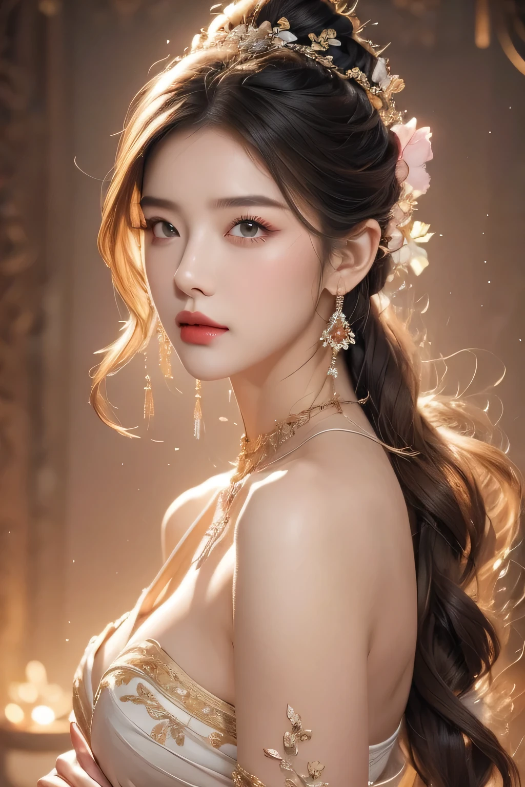 High-quality work,Realistic works,Super premium graphics,8K HD CG works,high quality graphics,High-definition and exquisite CG works,10x pixels,Ultra-fine details:1.1,Advanced technical details:1.1Realistic photo effects,Interior lighting effects:1.5,natural soft light:1.5. Light effect(Virtual light effects:1.8),ultra high resolution,shining dress,sliver long hair,silber hair,transparenthair,high detailed hair(Quality hair details:1.1)Clear eyes,Double eyelids look good,Sharp eye makeup, Create exquisite eyelash makeup, tthin eyebrows, Ultra-detailed eyes,a tall nose, lovely red lips, rosey cheeks, With delicate makeup on her face , pretty face, The face shape is perfectly proportioned,(Advanced facial details:1.1)(bare shoulders:0.85), ((nude:1)),(boobs naked:0.55), (Glowing ambiance, enchanting radiance, luminous lighting, ethereal atmosphere, mesmerizing glow, evocative hues, captivating coloration, dramatic lighting, enchanting aura),1girl, masterpiece,best quality, 1girl,
(in smoke:1.1),(dynamic smokeanywhere:1.4),(upper body:1.2),((nipples:0.55)),(1 Chinese patterns in the middle of the girl's forehead),girl with a weak temperament,
epic cinematic, soft nature lights, rim light, absurd, amazing, funny, itricate, hyper detailed, ultra realistic, soft colors,
white flowerpink flowers,,Women's artwork,Dress full body video,Realism,Amazing Cleavage,My eyes are very bright today