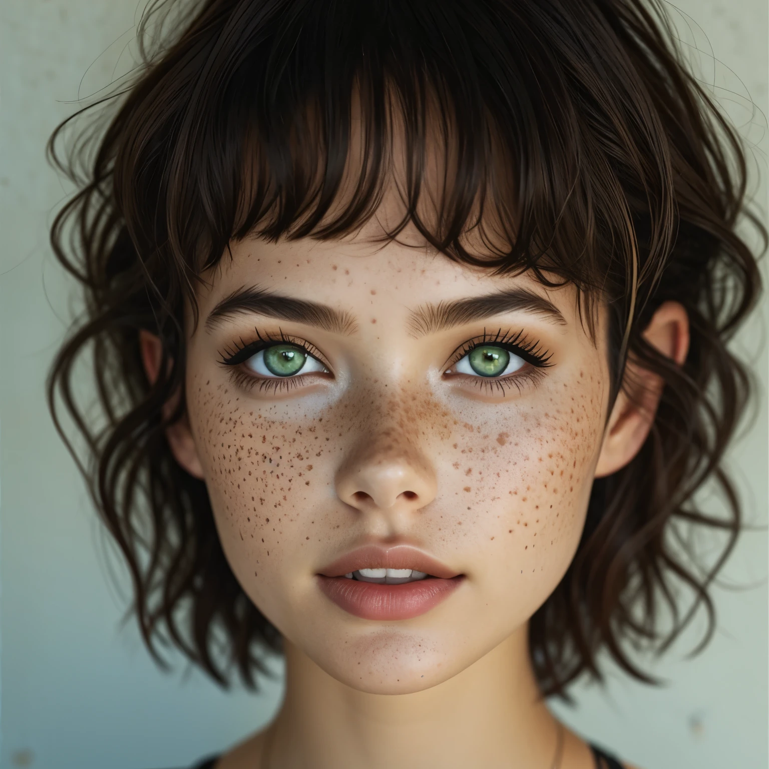 1girl,solo,looking at viewer,short hair,bangs,simple background,brown hair,black hair,green eyes,parted lips,teeth,grey background,lips,eyelashes,traditional media,messy hair,portrait,close-up,freckles,realistic ,glowin eyes
