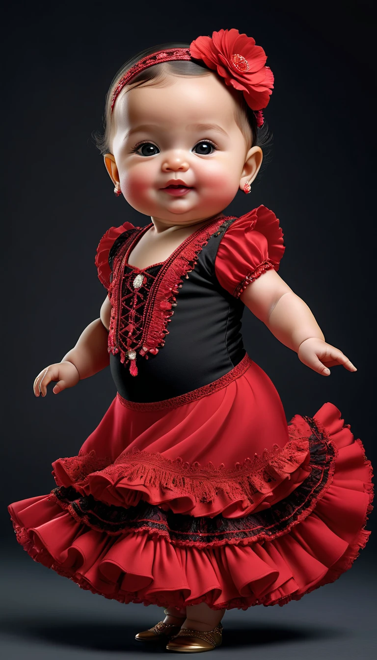 Photorealistic portrait of an animal wearing clothes - a chubby baby flamenco dancer,( Flamenco poses),  high quality,(charming) ,intricate details, Very detailed ((flamenco costume)) ,Very detailed dress,, (happy), studio lighting,(full body image:1.5)