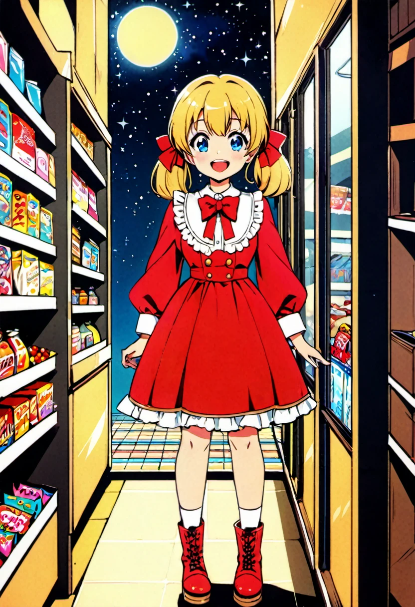 Candy Candy\' by Toei Animation, detailed art style, vintage aesthetic, emotional melodrama, inspired by Keiko Nagita and Yumiko Igarashi's original manga, in a midnight convenience store, starry night, vignettes, dress, blonde_hair, twintails, boots, flower, bow, open_mouth, red_dress, hair_bow, frills, retro_artstyle, ribbon, smile, blue_eyes, long_hair, long_sleeves, full_body