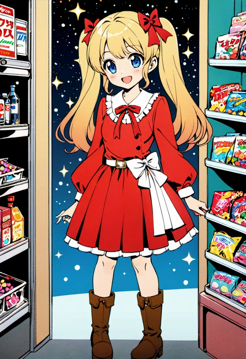 Candy Candy\' by Toei Animation, detailed art style, vintage aesthetic, emotional melodrama, inspired by Keiko Nagita and Yumiko Igarashi's original manga, in a midnight convenience store, starry night, vignettes, dress, blonde_hair, twintails, boots, flower, bow, open_mouth, red_dress, hair_bow, frills, retro_artstyle, ribbon, smile, blue_eyes, long_hair, long_sleeves, full_body
