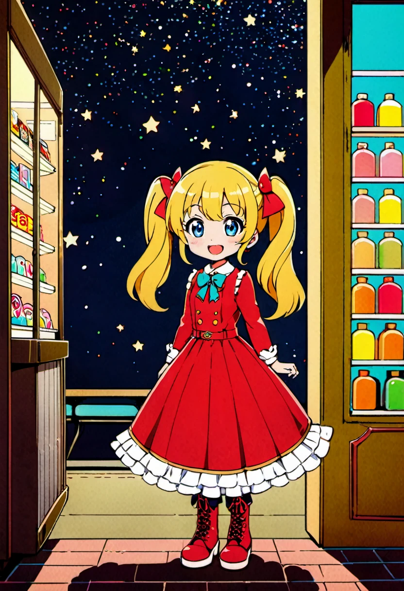 Candy Candy\' by Toei Animation, detailed art style, vintage aesthetic, emotional melodrama, inspired by Keiko Nagita and Yumiko Igarashi's original manga, in a midnight convenience store, starry night, vignettes, dress, blonde_hair, twintails, boots, flower, bow, open_mouth, red_dress, hair_bow, frills, retro_artstyle, ribbon, smile, blue_eyes, long_hair, long_sleeves, full_body