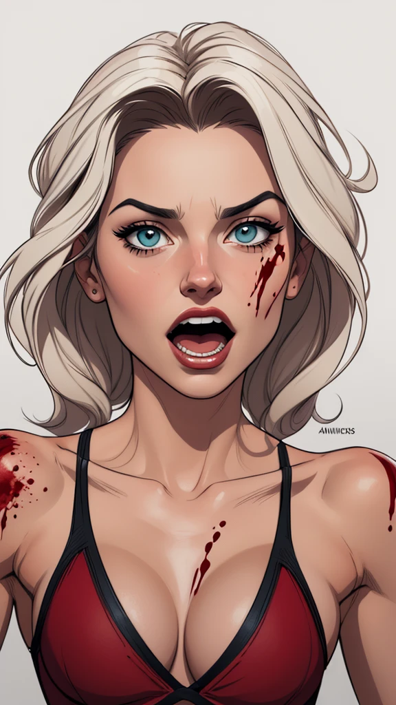 Personagem usando roupasestilo Cartoon Burlesque roupas de xena princesa guerreira Connelly omagem de desenho animado de uma mulher .cartoon style illustration, estilo de arte dos computadores roupas de vampira desenhos animados, estilo de arte dos desenhos animados, open mouth with vampire teeth stained with criminal blood Digital illustration style, design de personagens altamente detalhado, arte digital detalhada fofa, City fan art, Design de personagens de retrato, beautiful digital illustration, retrato de alta qualidade, Arte em quadrinhos, mulher jovem. expression of sexual desire white background stained with criminal blood