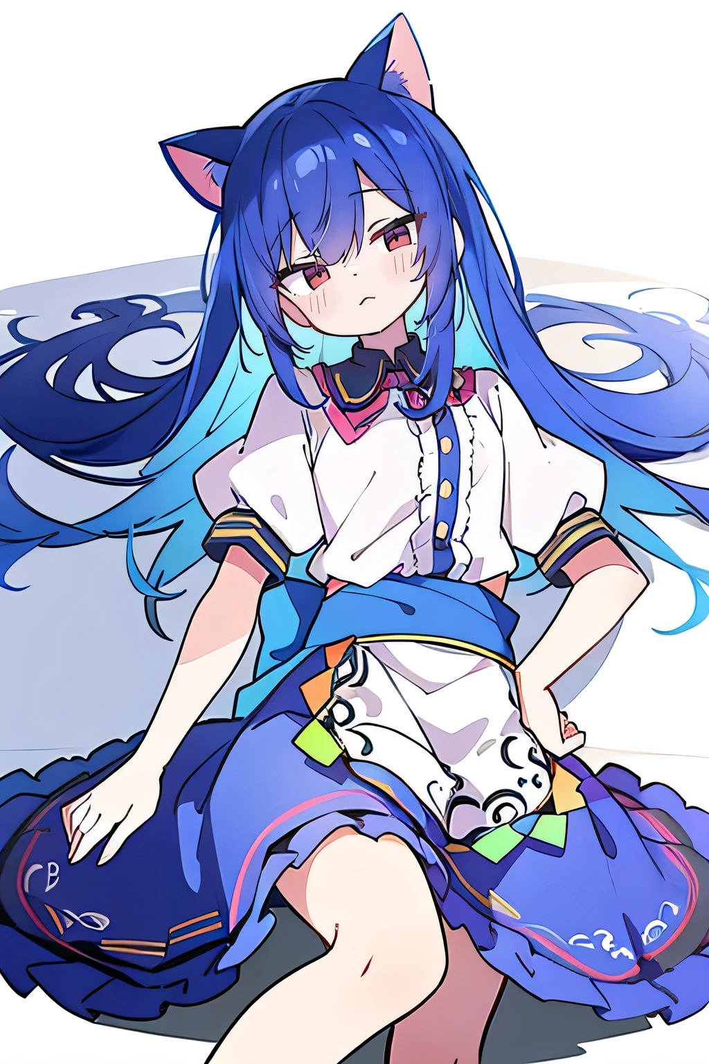 (Masterpiece), best quality, expressive eyes, perfect face, 1girl,
 Put your hands on your waist, fair, gorgeous, Japanese comics, girl, Lola, young angel, blue hair, blue hair, flowing clothes, hug the waist, hug the waist, hands on hips, hands on hips, lay down , lying on the ground, legs on the ground, flat chest, cat ears