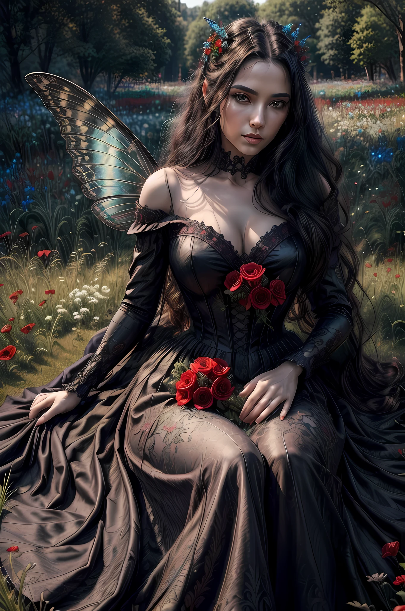 high details, best quality, 16k, RAW, [best detailed], masterpiece, best quality, (extremely detailed), full body, ultra wide shot, photorealistic, dark fantasy art, goth art, RPG art, D&D art, a picture of a dark female fairy resting in a flower meadow, extremely beautiful fairy, ultra feminine (intense details, Masterpiece, best quality), best detailed face (intense details, Masterpiece, best quality), having wide butterfly wings, spread butterfly wings (intense details, Masterpiece, best quality), dark colors wings (intense details, Masterpiece, best quality), black hair, long hair, shinning hair, flowing hair, shy smile, innocent smile, blue eyes, dark red lips, wearing [red] dress latex corset (intense details, Masterpiece, best quality), dynamic elegant shirt, chocker, wearing high heels, in dark colored flower meadow (intense details, Masterpiece, best quality), (red flowers: 1.2) , (black flowers: 1.2), (white flowers: 1.2), (blue flowers: 1.3) [extreme many flowers] (intense details, Masterpiece, best quality), dark colorful flowers (intense details, Masterpiece, best quality), flower meadow in a dark goth field background, dim light, cinematic light, High Detail, Ultra High Quality, High Resolution, 16K Resolution, Ultra HD Pictures, 3D rendering Ultra Realistic, Clear Details, Realistic Detail, Ultra High Definition, DonMF41ryW1ng5XL