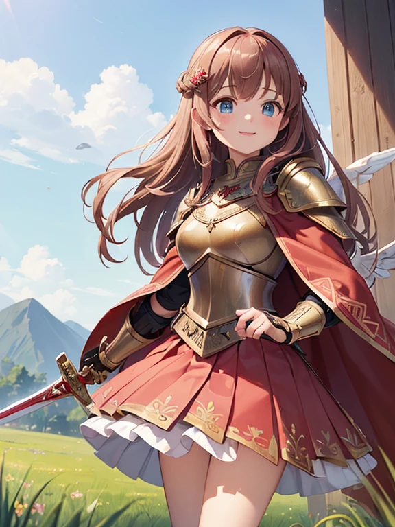 (((masterpiece))), (((best quality))), (((high resolution))), (valkyrie armor knight), (pink pleated skirt), ((long red cloak)), gauntlets, bangs, long hair, light brown hair, blue eyes, drooping eyes, big eyes, ((girl)), ((reaching out)), ((smile)), grassland, hair ornaments, Angelic girl, ((gripping decorated long sword))