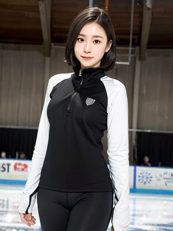(kawaii 24 year-old Japanese girl, Nogizaka idol, Korean idol), healthy female figure skater, athletic body, (glossy black hair, messy very short hair, messy pixie cut, symmetric hair length, even length hair edges:1.3), (bangs), (extra rounded face, black eyes, single eyelid, no makeup, soft smiling:1.2), (wearing long sleeved black training half zip tops, black sports leggings:1.3), (flat chest, extra small breasts:0.8), (thigh gap), (looking at viewer:1.2), BREAK, (figure skating at ice skate arena:1.3), (dynamic angle:1.3), BREAK, (masterpiece, best quality, photo realistic, official art:1.4), (UHD, 8K quality wallpaper, high resolution, raw photo, golden ratio:1.2), (shiny skin), professional lighting, physically based rendering, award winning, (perfect anatomy, highly detailed skin, extremely detailed face and eyes), Carl Zeiss 300 mm F/2.8, depth of field, 1girl, solo,