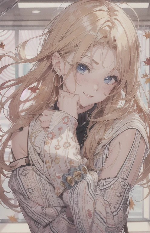 masterpiece、highest quality、High resolution、high quality images、8K, 1 female、skin luster、Texture of skin and clothing、Expression of fine eyes、Shiny bright golden hair,Girl with shoulder-length braids, Manga inspired by Lee Jong-suk, trending on deviantart, realism, Detailed manga style, manga art style, perfect line drawing, beautiful line drawing, digital manga art girl, K-POPアイドル, beautiful blue eyes, plump lips, Detailed gorgeous face, (cute smile), charm, innocent, Side view, (perfectly detailed face), (fine hands) photorealistic images, Depth of written boundary, shoulder length hairstyle, Bangs are parted , Corolla on the head , Loose, lightweight knitwear、Shoulder knitwear , show your shoulders , I can see the cleavage , autumn leaves , autumn leaves ，美しいautumn leaves，romanticism,
