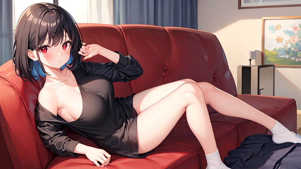 ((1 female))、full body、masterpiece、best image quality、ultra high resolution、The moment my lover caused a miracle、great visual depiction、professional effects、NSFW、Elementary school girl with big breasts、short hair、red eyes、red face、shyly、mock、A black camisole revealing the chest of an elementary school girl、Black T-back pants for elementary school girls、sitting on the sofa、in the living room