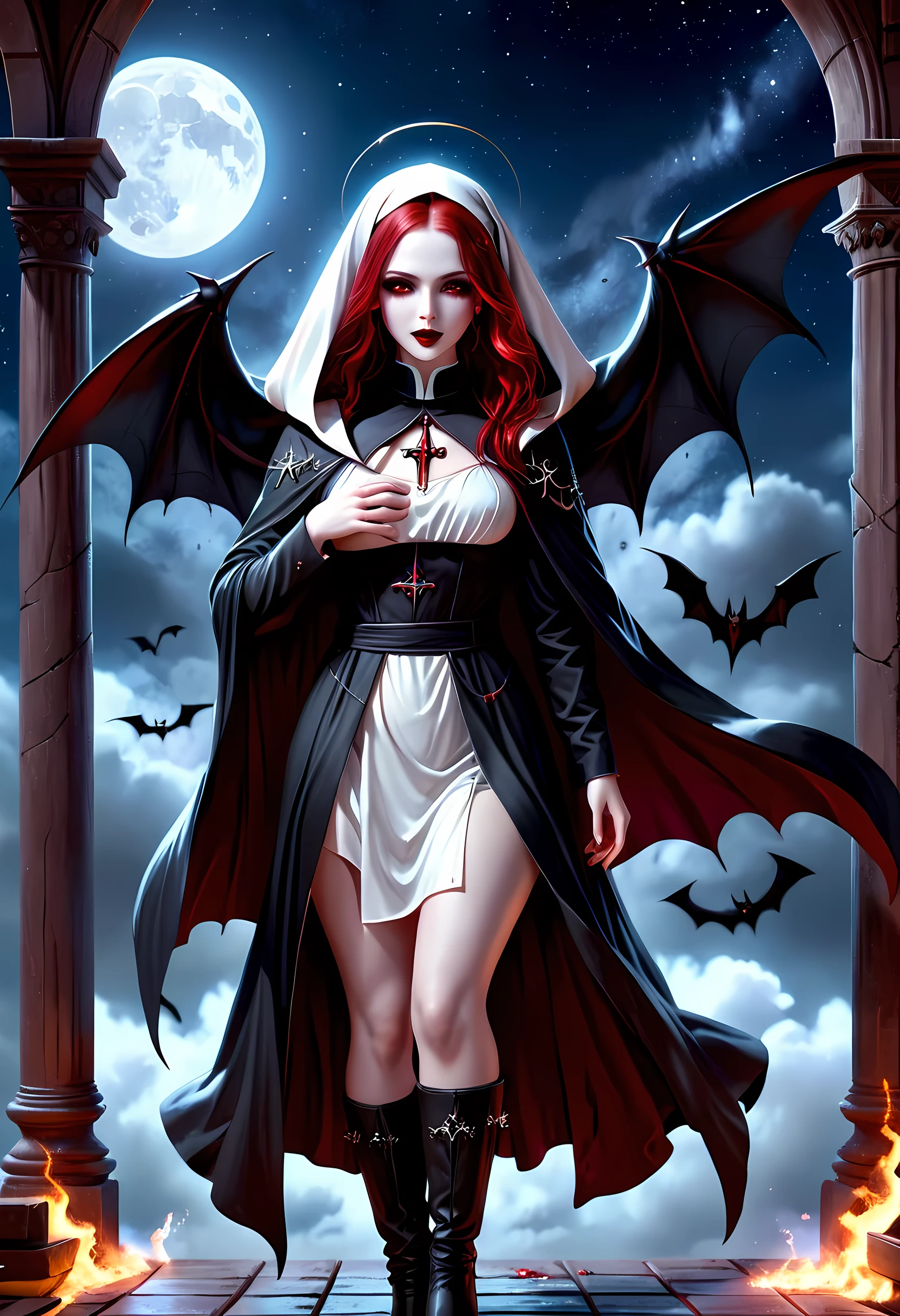 a picture of an exquisite beautiful female (nun: 1.3) vampire standing under the starry night sky on the porch of her monastary, action shot, dynamic angle (ultra detailed, Masterpiece, best quality), ultra detailed face (ultra detailed, Masterpiece, best quality), ultra feminine, (pale skin: 1.3), red hair, wavy hair, dynamic eyes color, cold eyes, glowing eyes, intense eyes, dark red lips, [fangs], wearing white nun habit (ultra detailed, Masterpiece, best quality), wearing blue cloak (ultra detailed, Masterpiece, best quality), long cloak, flowing cloak (ultra detailed, Masterpiece, best quality), wearing high heeled boots, sky full of stars background, moon, bats flying about, action shot, high details, best quality, 16k, [ultra detailed], masterpiece, best quality, (ultra detailed), full body, ultra wide shot, photorealism, dark fantasy art, dark fantasy art, gothic art, many stars, dark fantasy art, gothic art, sense of dread, bloodmagic