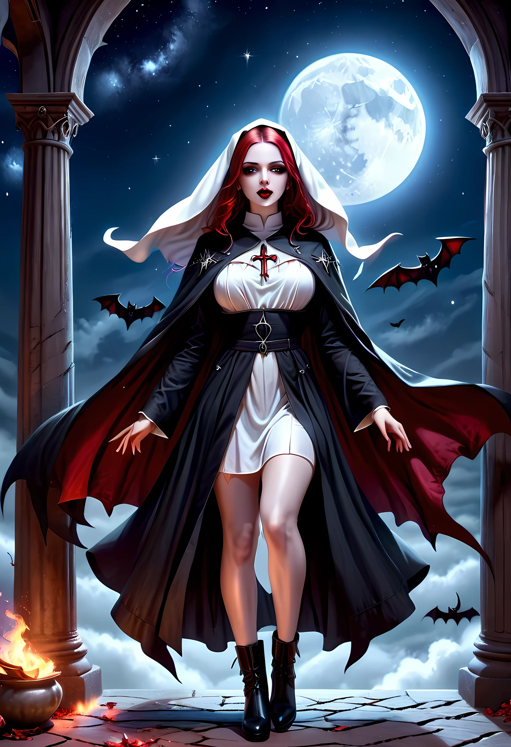 a picture of an exquisite beautiful female (nun: 1.3) vampire standing under the starry night sky on the porch of her monastary, action shot, dynamic angle (ultra detailed, Masterpiece, best quality), ultra detailed face (ultra detailed, Masterpiece, best quality), ultra feminine, (pale skin: 1.3), red hair, wavy hair, dynamic eyes color, cold eyes, glowing eyes, intense eyes, dark red lips, [fangs], wearing white nun habit (ultra detailed, Masterpiece, best quality), wearing blue cloak (ultra detailed, Masterpiece, best quality), long cloak, flowing cloak (ultra detailed, Masterpiece, best quality), wearing high heeled boots, sky full of stars background, moon, bats flying about, action shot, high details, best quality, 16k, [ultra detailed], masterpiece, best quality, (ultra detailed), full body, ultra wide shot, photorealism, dark fantasy art, dark fantasy art, gothic art, many stars, dark fantasy art, gothic art, sense of dread, bloodmagic