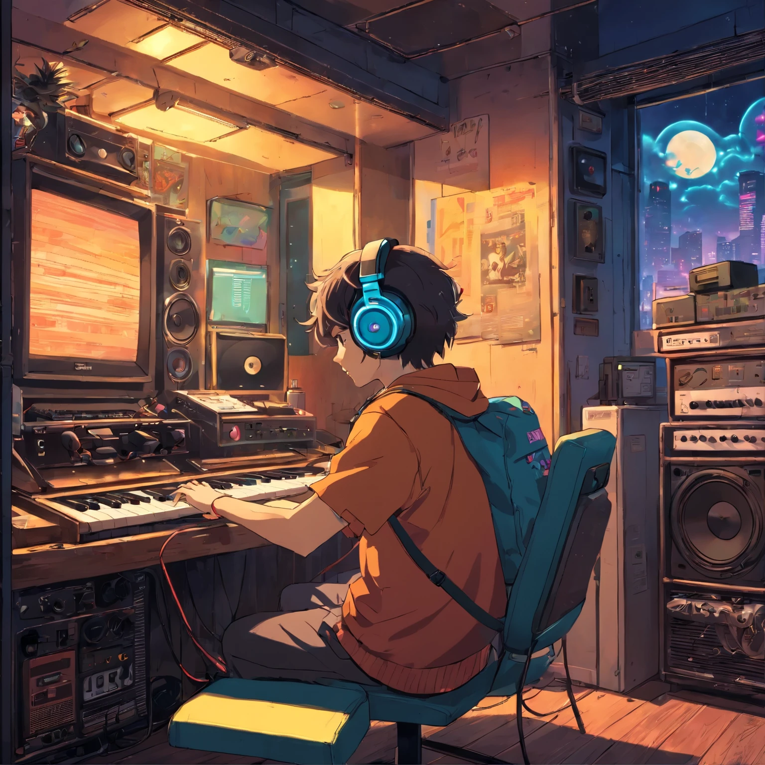 Photo of a man wearing headphones and listening to music, Text Why You?, Super detailed, vintage wave, cyber punk, Sad mood, bright light from the window, nightのシーン, one bedroom, 2D, (shot from a distance), wide shot, (noise from film), old comics, (many records: 1.3), vinyl record store, (masterpiece, very high quality, very high quality, official art, beautiful and aesthetic: 1.2), (very detailed, (fractal art: 1.4 ), guitar, (Note: 1.4), (lo fi hip hop), Side view, old anime texture, alone, speaker, cyber punk, vinyl, night