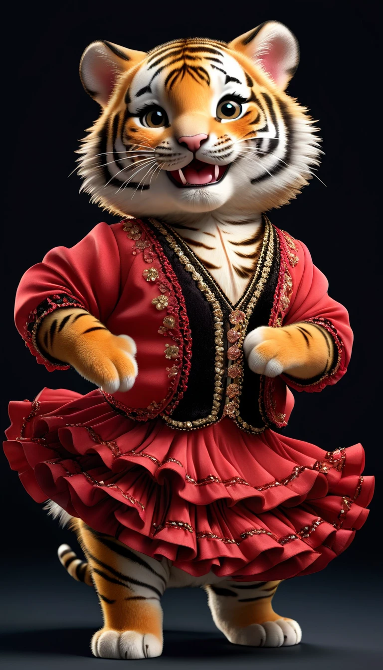 Photorealistic portrait of an animal wearing clothes - a fat  tiger flamenco dancer,( Flamenco poses),  high quality,(charming) ,intricate details, Very detailed ((flamenco costume)) ,Very detailed dress,, (happy), studio lighting,(full body image:1.5)