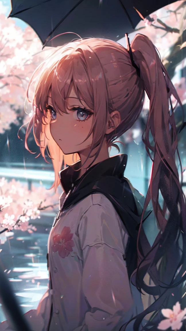 Product illustration of a girl in the rain,cherry blossoms