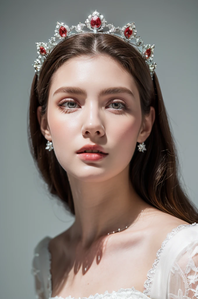 ( masterpiece, top quality, best quality,8k,17 years old girl,ultra detailed,raw photo:1.5),(photorealistic:1.4),(cinematic lighting), PerfectNwsjMajic, , Surrealism, UHD, ccurate, Super detail, textured skin, High detail, Best quality, dynamic angle, (high nose,White skin),[Beautiful blue eyes],[flat chest:large breasts:0.5],(1girl),(good anatomy:0.5)), Royal sister，exquisite eyes，Detailed facial expressions body,tall figure,White translucent lace，Fair and plump figure，pretty face，Little cherry mouth，beautiful and delicious（3D royal sister），exquisite dress，Wear crystal high heels，silver breastplate，Gorgeous crystal gems，Gem and jewelry crown，The color of the picture is very bright，Gorgeous long dress，Ice Princess