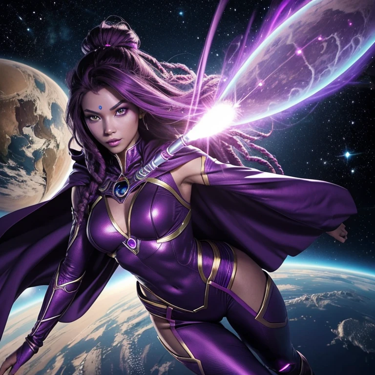 Comic book character: Star Sapphire, a DC superheroine donning a blue star-studded suit, wields a powerful alien gem called the Star Heart, its glowing aura reflecting off her long, wavy golden hair.