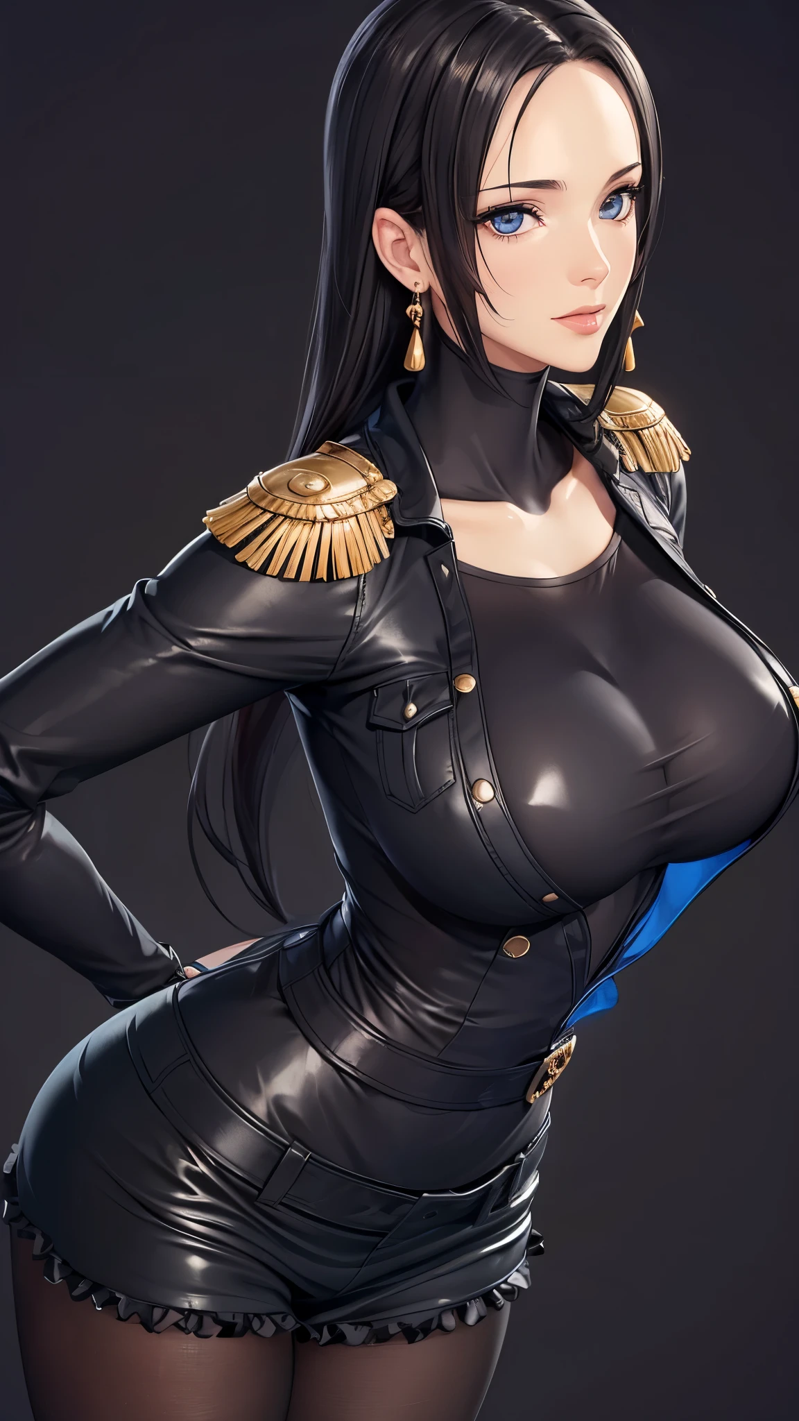 （（（完美figure，figure，Black tight fitting leather clothing, black leather clothing, leather clothing, reflective clothing， （（（boa hancock，Dark long hair, combed with a chiffon hairstyle, slightly wide forehead smooth and flat, deep blue eyes, slender and delicate corners of the eyes, almond eyes exuding a hint of coldness, nose bridge high and straight, nose small and delicate, lips soft without any wrinkles. Wearing a pair of snake shaped golden earrings under the ears）））((masterpiece)),high resolution, ((Best quality at best))，masterpiece，quality，Best quality，（（（ Exquisite facial features，looking at the audience,There is light in the eyes，(sticking out tongue, opening mouth)，））），型figure:1.7））），（（（Interlacing of light and shadow，huge boobs））），（（（looking into camera，black background，)）））