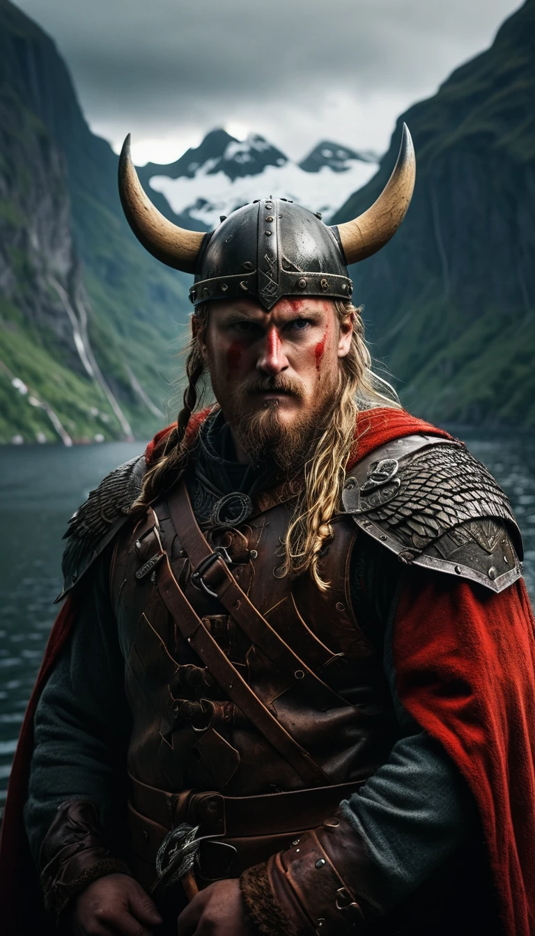 A haunting reimagining of the Viking Blood Eagle ritual, with a spine-chilling backdrop of Nordic fjords, background dark, hyper realistic, face detail, ultra detailed hyper realistic, photorealistic, Studio Lighting, reflections, dynamic pose, Cinematic, Color Grading, Photography, Shot on 50mm lens, Ultra-Wide Angle, Depth of Field, hyper-detailed, beautifully color, 8k