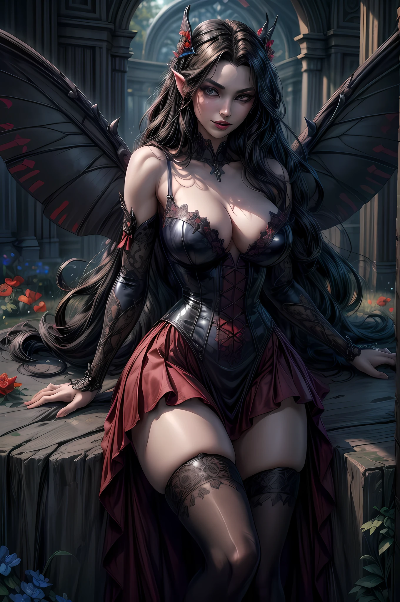 high details, best quality, 16k, RAW, [best detailed], masterpiece, best quality, (extremely detailed), full body, ultra wide shot, photorealistic, dark fantasy art, goth art, RPG art, D&D art, a picture of a dark female fairy resting in a flower meadow, extremely beautiful fairy, ultra feminine (intense details, Masterpiece, best quality), best detailed face (intense details, Masterpiece, best quality), having wide butterfly wings, spread butterfly wings (intense details, Masterpiece, best quality), dark colors wings (intense details, Masterpiece, best quality), black hair, long hair, shinning hair, flowing hair, shy smile, innocent smile, blue eyes, dark red lips, wearing [red] dress latex corset (intense details, Masterpiece, best quality), dynamic elegant shirt, chocker, wearing high heels, in dark colored flower meadow (intense details, Masterpiece, best quality), (red flowers: 1.2) , (black flowers: 1.2), (white flowers: 1.2), (blue flowers: 1.3) [extreme many flowers] (intense details, Masterpiece, best quality), dark colorful flowers (intense details, Masterpiece, best quality), flower meadow in a dark goth field background, dim light, cinematic light, High Detail, Ultra High Quality, High Resolution, 16K Resolution, Ultra HD Pictures, 3D rendering Ultra Realistic, Clear Details, Realistic Detail, Ultra High Definition, DonMF41ryW1ng5XL