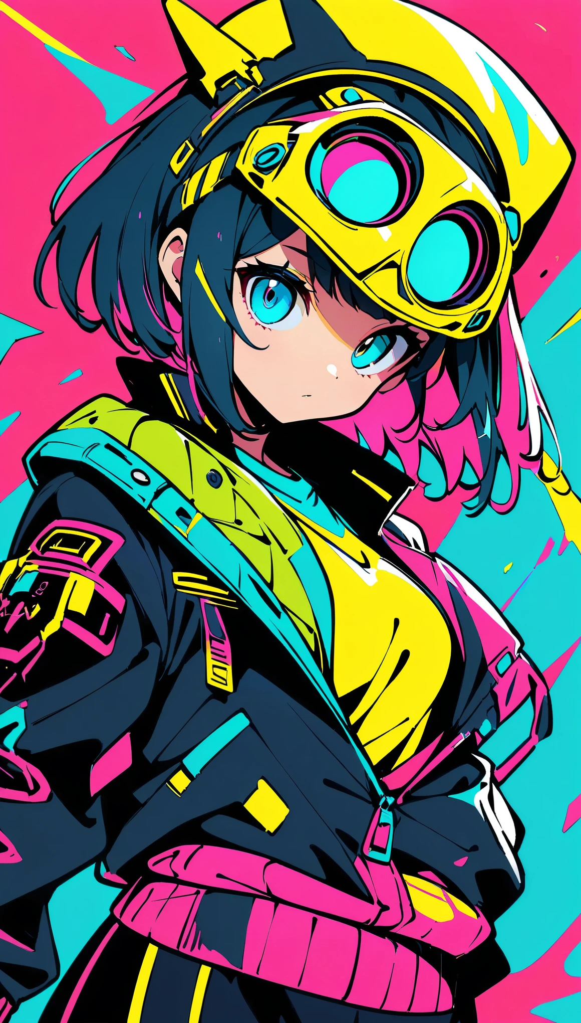 (high quality, 8K, 4k, high contrast, masterpiece:1.2, 最high quality, best aesthetics), (dynamic angle), ((1 female)), ((cyber punk)), ((flat color)), ((Colorful Art)),Helmet,riders jacket, looking at the viewer, Upper body, Colored Background, high contrast, Contrasting colors, cowboy shot,