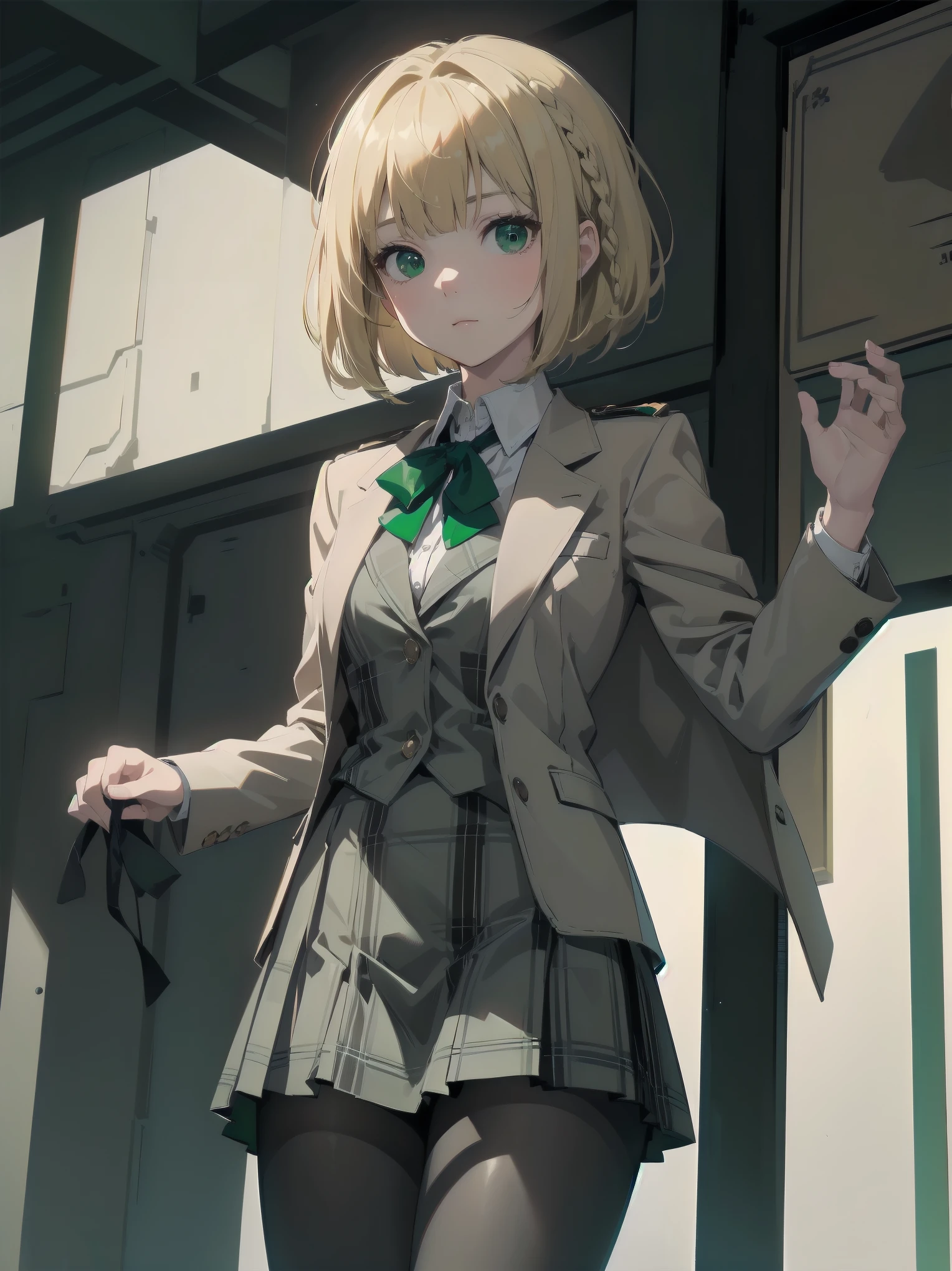 Top-High quality、Highest image quality、masterpiece、high contrast、Elegant、?????? expression、high school girl、blonde、Bob cut braids、uniform、(brown blazer)、ribbon tie、(Green and gray plaid skirt)、(black tights)、cinematic lighting、fine shading、cute、Truly unbelievably cute absurd、outside、outside苑