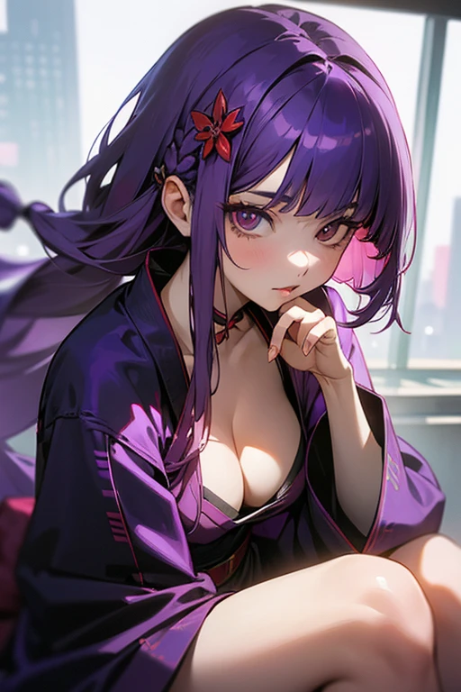1 girl, dull bangs, Braid, wide sleeve, hair ornaments, kimono, red obi, (purple hair:1.2), very long hair, straight hair, looking at the viewer, highly detailed background, (realistic:1.2), fine eyes, red eyeshadow, Depth of written boundary,thigh, (Ulzzang-6500:0.7), Upper body, (alone:1.2), (cyberpunk city:1.1), cleavage, (Put your finger on your lips:1.1),shiny skin、Sit at the bar counselor、hair blowing in the wind、