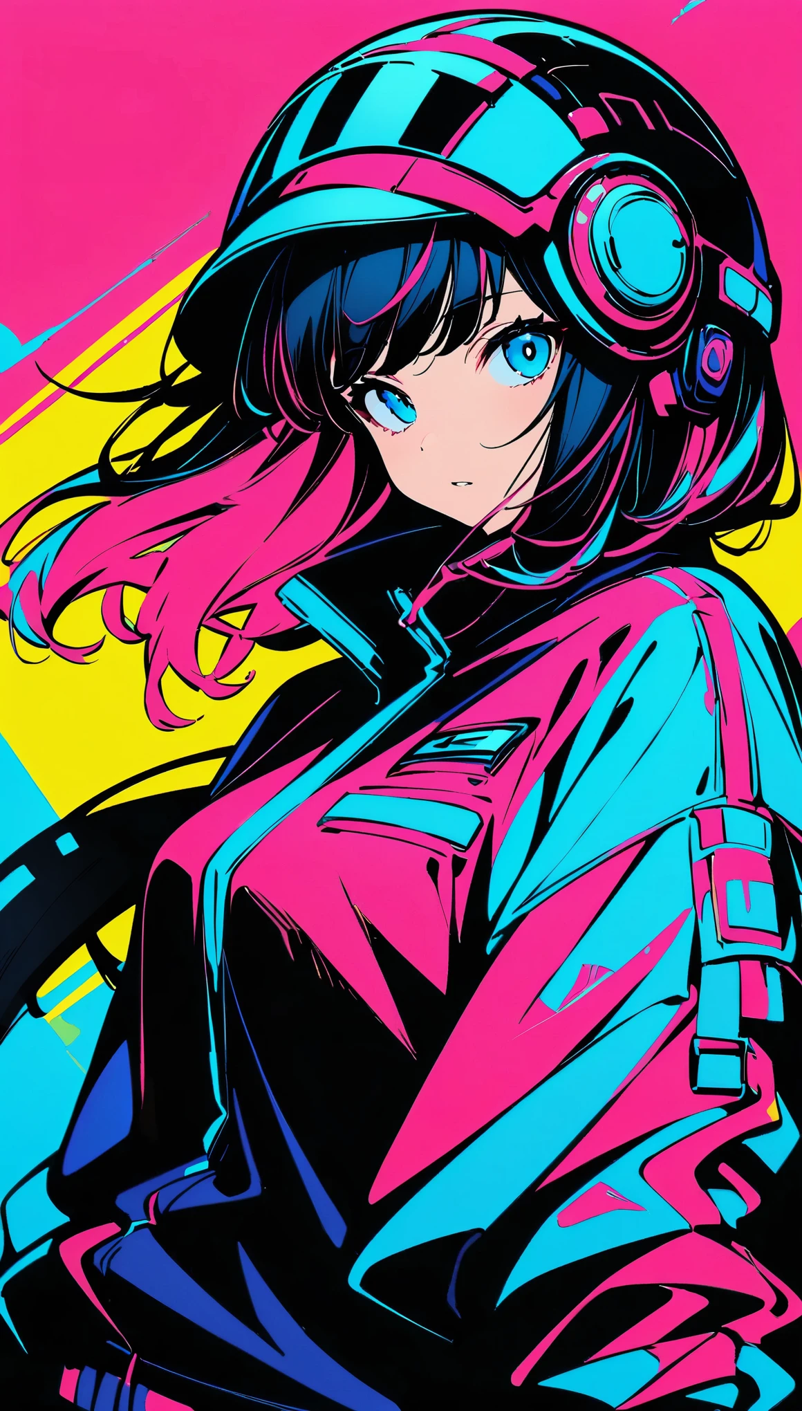 (high quality, 8K, 4k, high contrast, masterpiece:1.2, 最high quality, best aesthetics), (dynamic angle), ((1 female)), ((cyber punk)), ((flat color)), ((Colorful Art)),Helmet,riders jacket, looking at the viewer, Upper body, Colored Background, high contrast, Contrasting colors, cowboy shot,
