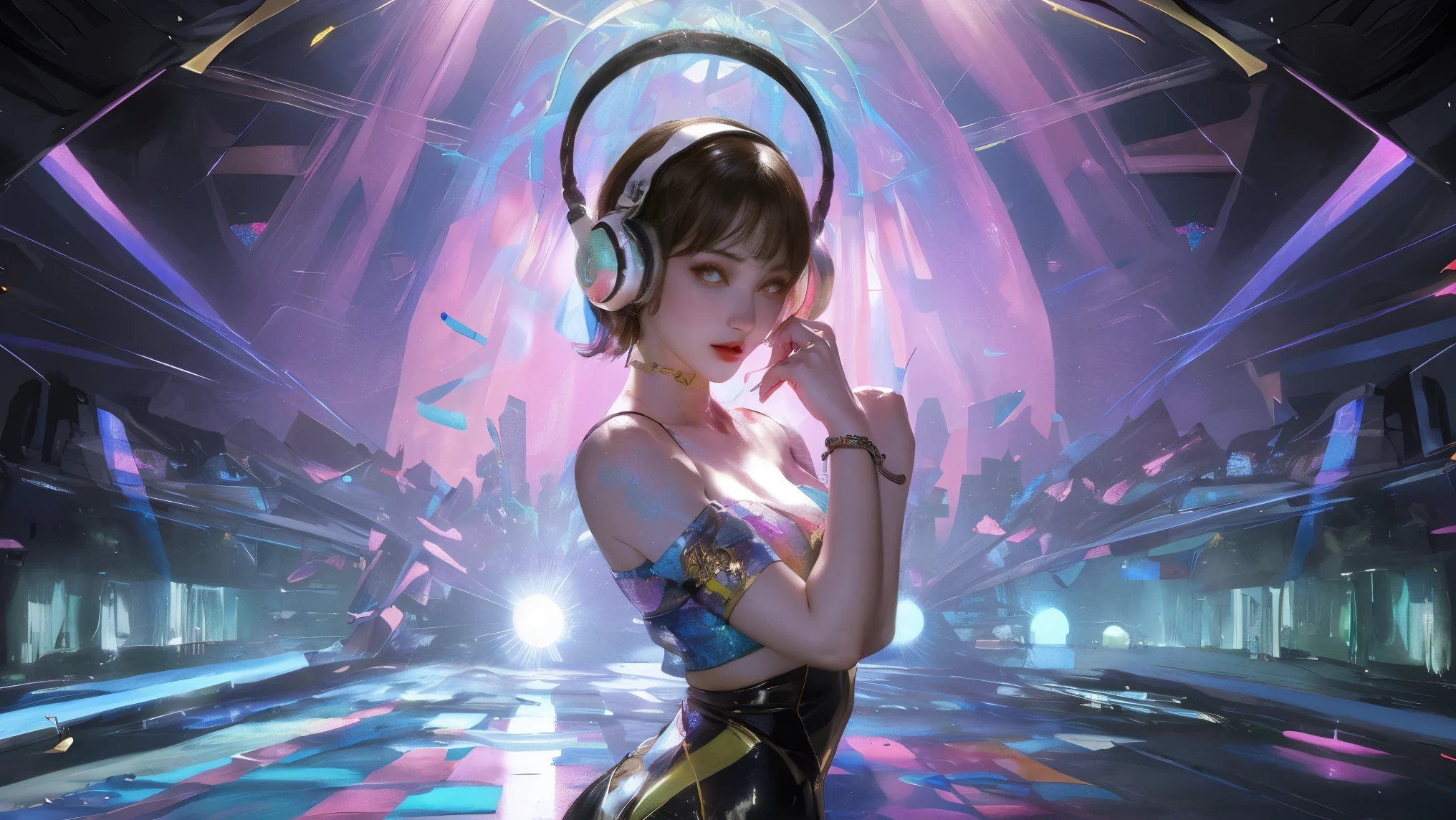 Solo,Upper body, Female DJ, colorful clothes , strange, Vibrant look, Playful accessories, creative act, Imaginative, Sensual, spontaneous, DJ headphones, Mixer, Music Club, nightclub, Indie Theatre, People dancing on dance floor background, Underground ballroom, best quality, Texture, intricate details, (movie lighting), original photo, 8k
