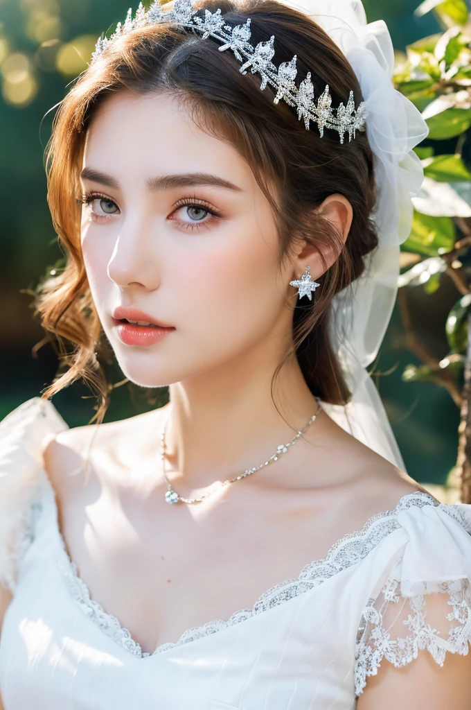( masterpiece, top quality, best quality,8k, girl,ultra detailed,raw photo:1.5),(photorealistic:1.4),(cinematic lighting), PerfectNwsjMajic, , Surrealism, UHD, ccurate, Super detail, textured skin, High detail, Best quality, dynamic angle, (high nose,White skin),[Beautiful blue eyes],[flat chest:large breasts:0.5],(1girl),(good anatomy:0.5)), Royal sister，exquisite eyes，Detailed facial expressions body,tall figure,White translucent lace，Fair and plump figure，pretty face，Little cherry mouth，beautiful and delicious（3D royal sister），exquisite dress，Wear crystal high heels，silver breastplate，Gorgeous crystal gems，Gem and jewelry crown，The color of the picture is very bright，Gorgeous long dress，Ice Princess