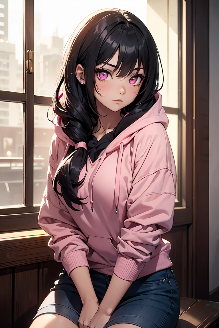((1 girl)), Sit down with Pétain, sick, grudge, Red eyes, Red cheeks, Room with lights off, room without windows, latest trend clothes, Large blue neon hoodie,(cowboy shot) ,((Super detailed,highest quality, High resolution, 8k wallpaper, beautiful clothes,)),((black hair, long hair,straight hair)), expressionless face, Downcast gaze, eye shadow, eyeliner,Glow Eye, highly detailed eyes, clear eyes, beautiful eyes, ((shining pink eyes)), 18 year old girl.