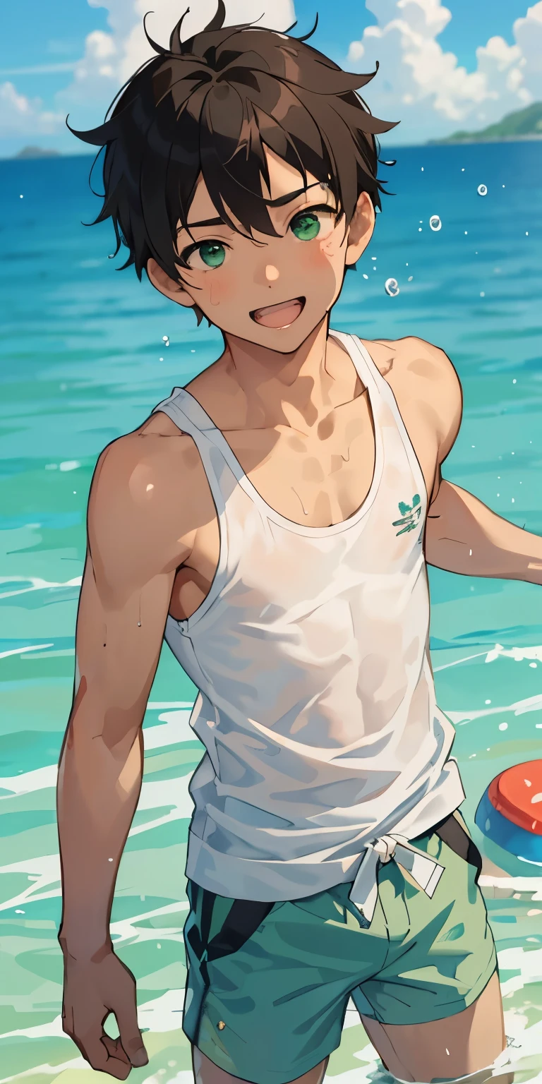 Shota、brown skin、Ocean、white tank top、1 boy、black hair、green eyes、Handsome guy、Naughty、juvenile、12 years old、、smile、squint your eyes and laugh、primary school student、playing with water、show one's side、Tan your skin more