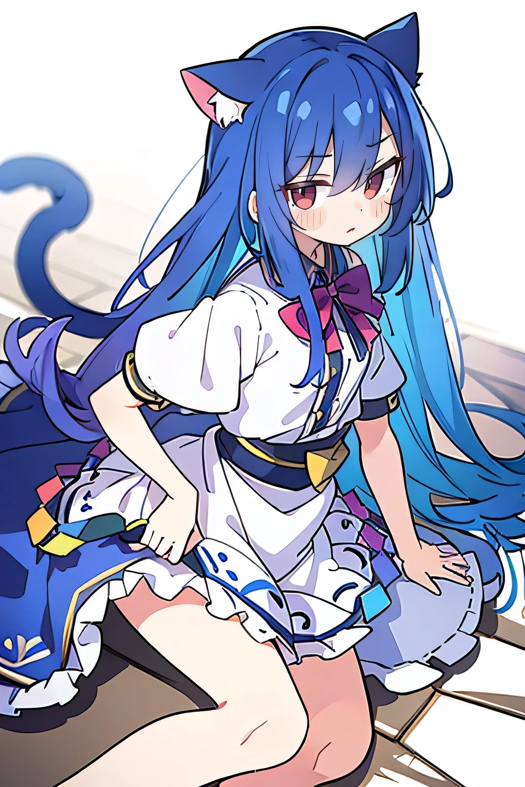 (Masterpiece), best quality, expressive eyes, perfect face, 1girl,
Put your hands on your waist, fair, gorgeous, Japanese comics, girl, Lola, young angel, blue hair, blue hair, flowing clothes, hug the waist, hug the waist, hands on hips, hands on hips, lay down , lying on the ground, legs on the ground, flat chest, cat ears