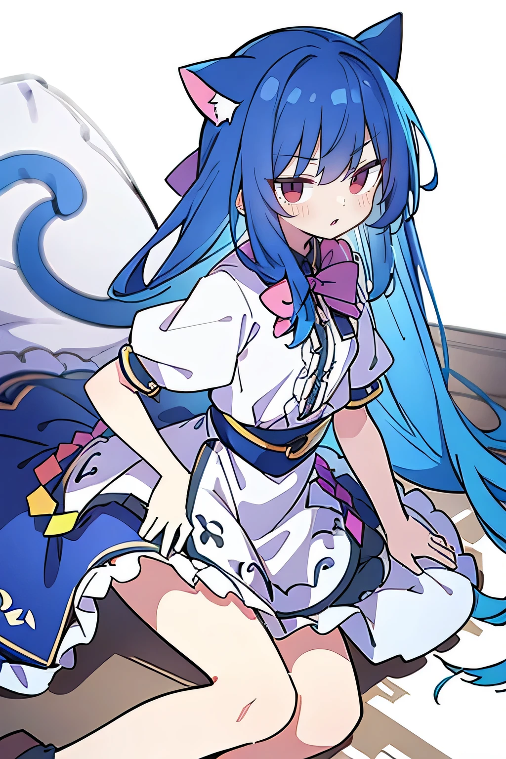 (Masterpiece), best quality, expressive eyes, perfect face, 1girl,
 Put your hands on your waist, fair, gorgeous, Japanese comics, girl, Lola, young angel, blue hair, blue hair, flowing clothes, hug the waist, hug the waist, hands on hips, hands on hips, lay down , lying on the ground, legs on the ground, flat chest, cat ears