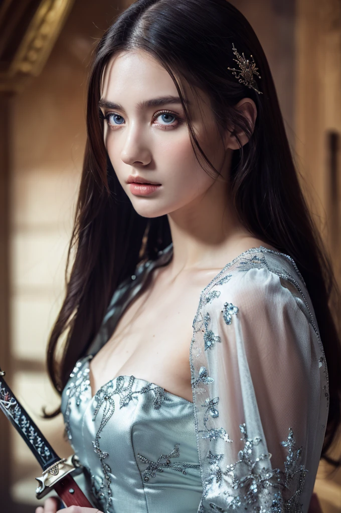 ( masterpiece, top quality, best quality,8k, girl,ultra detailed,raw photo:1.5),(photorealistic:1.4),(cinematic lighting), PerfectNwsjMajic, , Surrealism, UHD, ccurate, Super detail, textured skin, High detail, Best quality, dynamic angle, (high nose,White skin),[Beautiful blue eyes],[flat chest:large breasts:0.5],(1girl),(good anatomy:0.5)),a woman in a dress with a sword, a beautiful fantasy empress, ((a beautiful fantasy empress)), beautiful fantasy maiden