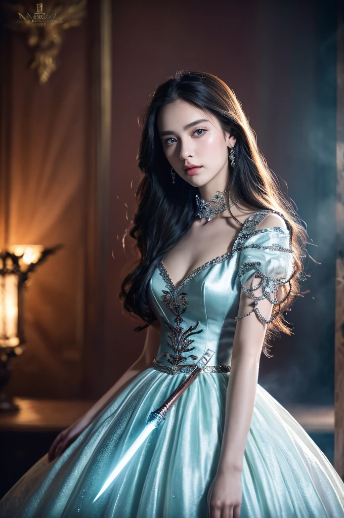 8K ultra hd, masterpiece,1 girl, ((realistic face)), detailed eyes, ((very long hair)), flowing hair, small breasts, royal dress, decorated dress, teal dress, anitque jwellery, detailed lacing, flowing cape, bare navel, moon light, amazing night outdoor, spot lights, glowing lights, depth of field, ray tracing, bloom, realistic shadow, tyndal effect, spreding, lights, looking at the audience, sitting,