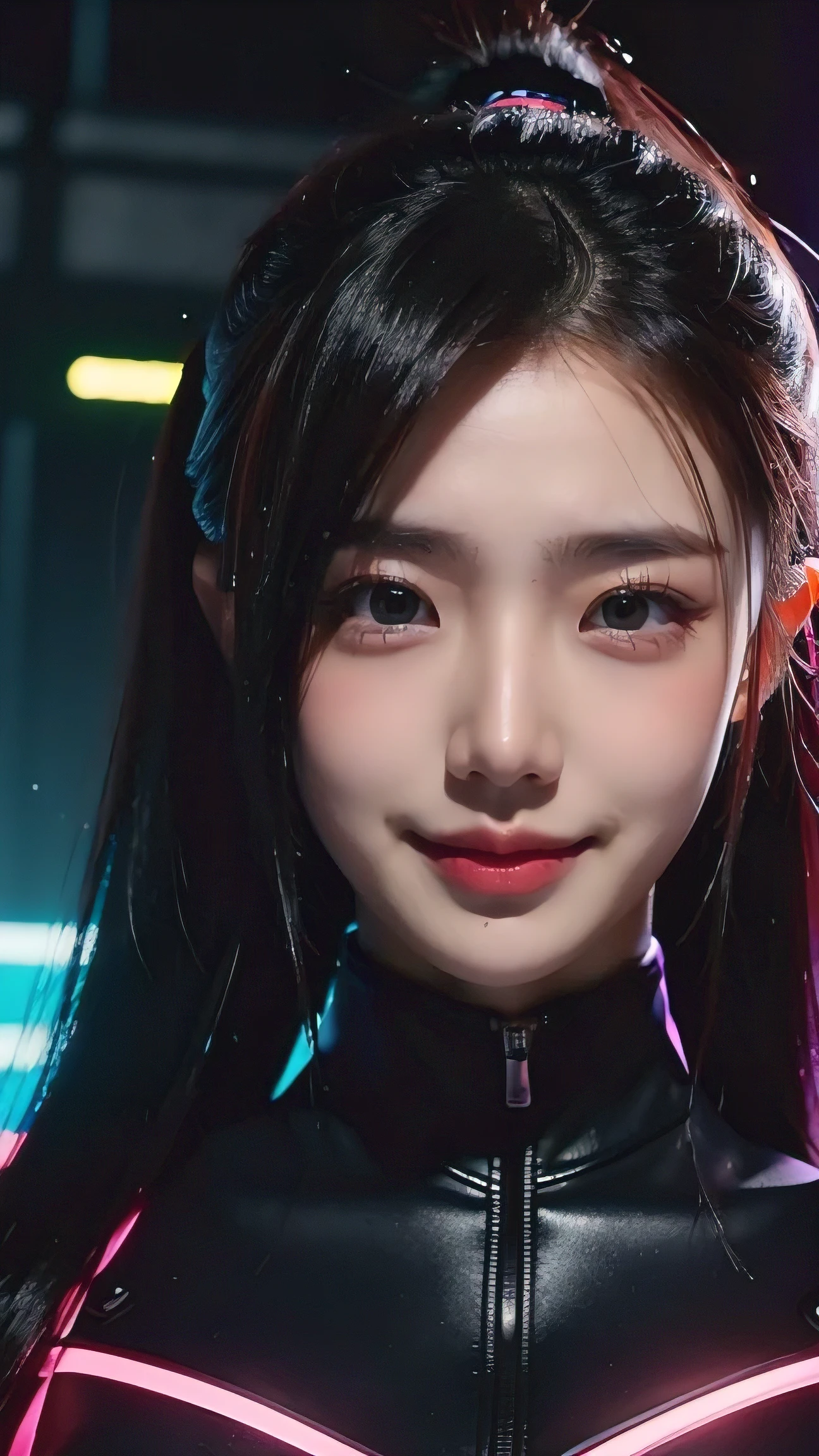 4k,1 girl,charming smile, Light blue neon ,Female android dancing, cyber punk, Club Music,dim lighting,neon signs,fc portrait, neon,cyber punk, futuristic ,blade runner,Edom,Club Music,