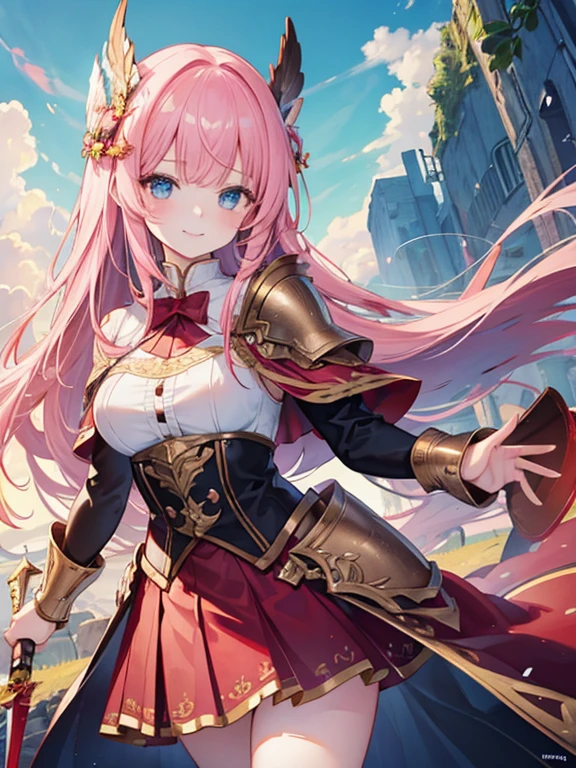 (((masterpiece))), (((best quality))), (((high resolution))), (valkyrie armor knight), (pink pleated skirt), ((long red cloak)), gauntlets, bangs, long hair, light brown hair, blue eyes, drooping eyes, big eyes, ((girl)), ((reaching out)), ((smile)), grassland, hair ornaments, Angelic girl, ((gripping decorated long sword))