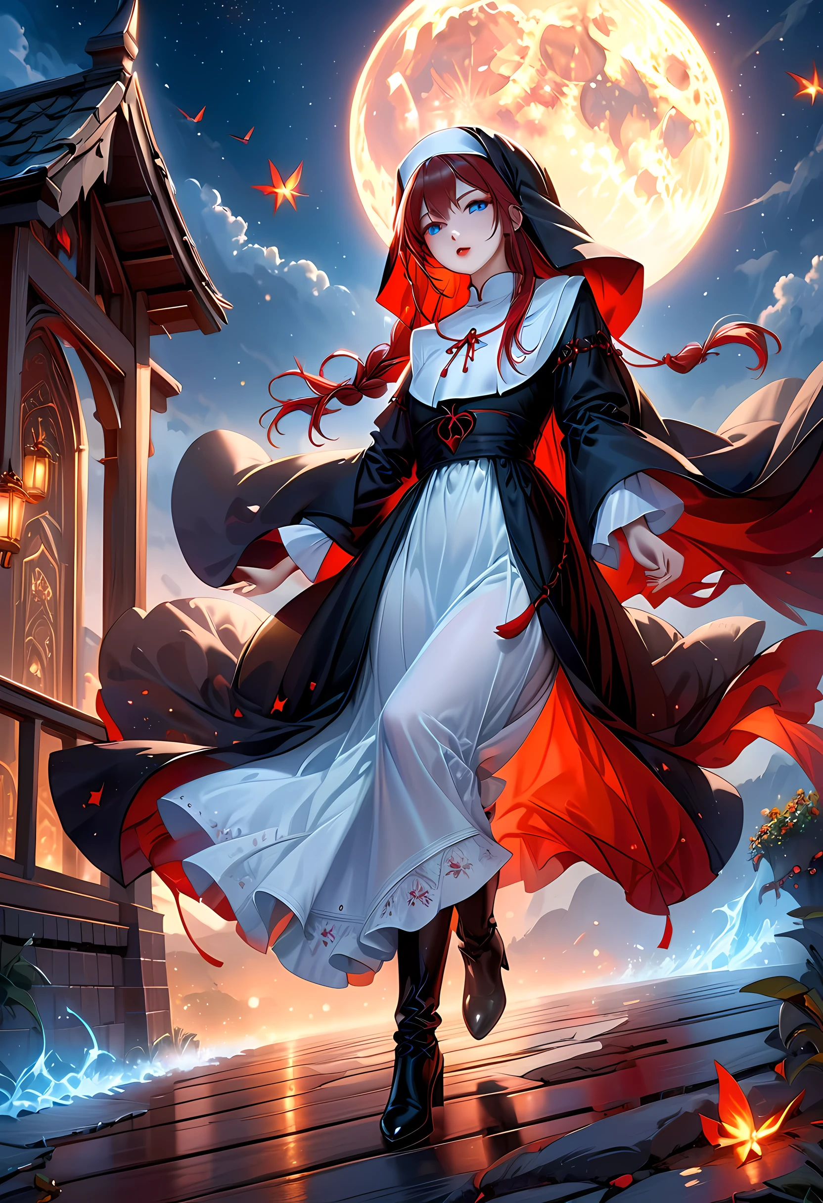 a picture of an exquisite beautiful female (nun: 1.3) vampire standing under the starry night sky on the porch of her monastary, action shot, dynamic angle (ultra detailed, Masterpiece, best quality), ultra detailed face (ultra detailed, Masterpiece, best quality), ultra feminine, (pale skin: 1.3), red hair, wavy hair, dynamic eyes color, cold eyes, glowing eyes, intense eyes, dark red lips, [fangs], wearing white nun habit (ultra detailed, Masterpiece, best quality), wearing blue cloak (ultra detailed, Masterpiece, best quality), long cloak, flowing cloak (ultra detailed, Masterpiece, best quality), wearing high heeled boots, sky full of stars background, moon, bats flying about, action shot, high details, best quality, 16k, [ultra detailed], masterpiece, best quality, (ultra detailed), full body, ultra wide shot, photorealism, dark fantasy art, dark fantasy art, gothic art, many stars, dark fantasy art, gothic art, sense of dread, bloodmagic