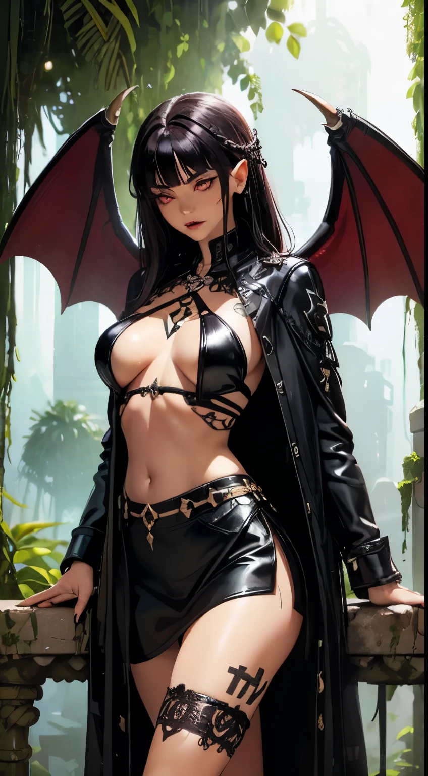 realistic photo of slaved_(savage, tribal, jungle)_vampire [white hair|black hair], bat fur, coat|wings, ((fangs)), extremely_detailed_(tribal, jungle)_tight_(lacy, leather, fur, silk, satin, latex)_(clothing, skirt), high collar, detailed face, detailed beautiful eyes, slit pupils, metallic reflections, ((tatooed, marked)_with_shining_runes)_fit_muscular_body, shiny skin, tropical city ruins fog, 1girl, natural breasts, medium length hair, masterpiece, best quality, beautiful and aesthetic:1.2, fractal art:1.4