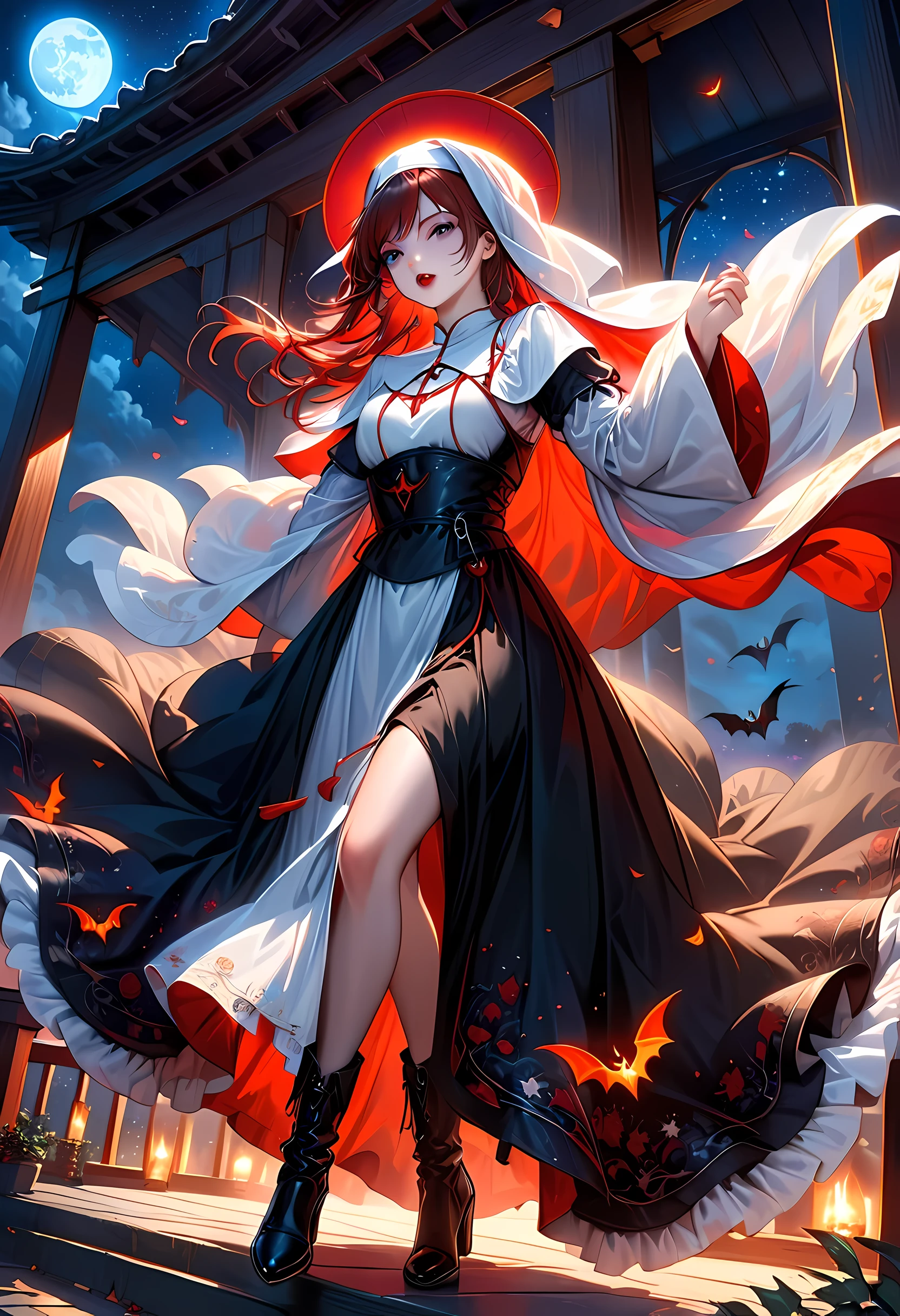 a picture of an exquisite beautiful female (nun: 1.3) vampire standing under the starry night sky on the porch of her monastary, action shot, dynamic angle (ultra detailed, Masterpiece, best quality), ultra detailed face (ultra detailed, Masterpiece, best quality), ultra feminine, (pale skin: 1.3), red hair, wavy hair, dynamic eyes color, cold eyes, glowing eyes, intense eyes, dark red lips, [fangs], wearing white nun habit (ultra detailed, Masterpiece, best quality), wearing blue cloak (ultra detailed, Masterpiece, best quality), long cloak, flowing cloak (ultra detailed, Masterpiece, best quality), wearing high heeled boots, sky full of stars background, moon, bats flying about, action shot, high details, best quality, 16k, [ultra detailed], masterpiece, best quality, (ultra detailed), full body, ultra wide shot, photorealism, dark fantasy art, dark fantasy art, gothic art, many stars, dark fantasy art, gothic art, sense of dread, bloodmagic