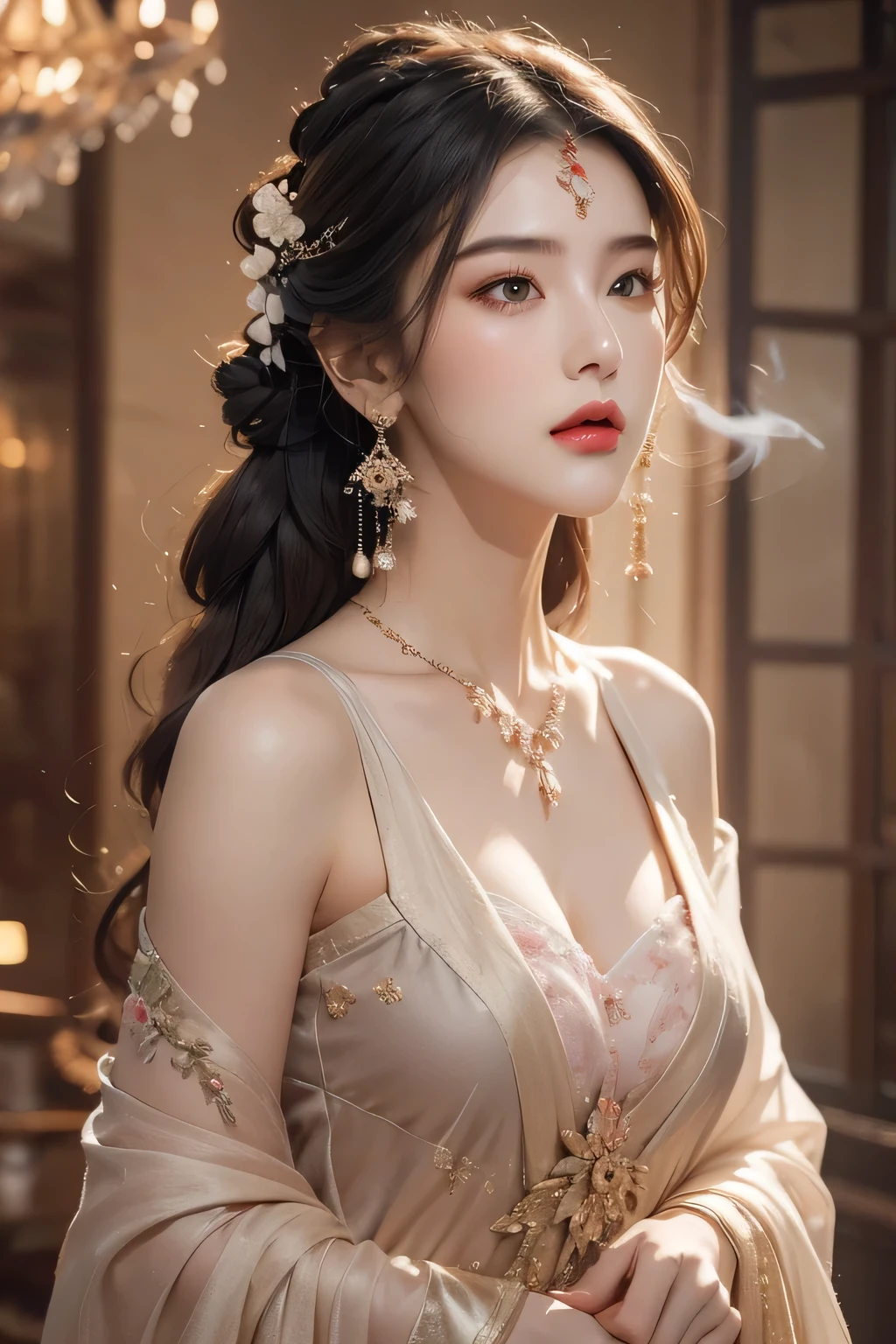 High-quality work，Realistic works，Super premium graphics，8K HD CG works，high quality graphics，High-definition and exquisite CG works，10x pixels，Ultra-fine details：1.1，Advanced technical details：1.1Realistic photo effects，Interior lighting effects：1.5，natural soft light：1.5. Light effect（Virtual light effects：1.8），ultra high resolution，shining dress，sliver long hair，silber hair，transparenthair，high detailed hair（Quality hair details：1.1）Clear eyes，Double eyelids look good，Sharp eye makeup, Create exquisite eyelash makeup, tthin eyebrows, Ultra-detailed eyes，a tall nose, lovely red lips, rosey cheeks, With delicate makeup on her face , pretty face, The face shape is perfectly proportioned,（Advanced facial details：1.1）(bare shoulders:0.85), ((nude:1)),(boobs naked:0.55), (Glowing ambiance, enchanting radiance, luminous lighting, ethereal atmosphere, mesmerizing glow, evocative hues, captivating coloration, dramatic lighting, enchanting aura),1girl, masterpiece,best quality, 1girl, (in smoke:1.1),(dynamic smokeanywhere:1.4),(upper body:1.2),((nipples:0.55)),(1 Chinese patterns in the middle of the girl's forehead),girl with a weak temperament, epic cinematic, soft nature lights, rim light, absurd, amazing, funny, itricate, hyper detailed, ultra realistic, soft colors, white flowerpink flowers,，Women's artwork，Dress full body video，Realism，Amazing Cleavage，My eyes are very bright today
