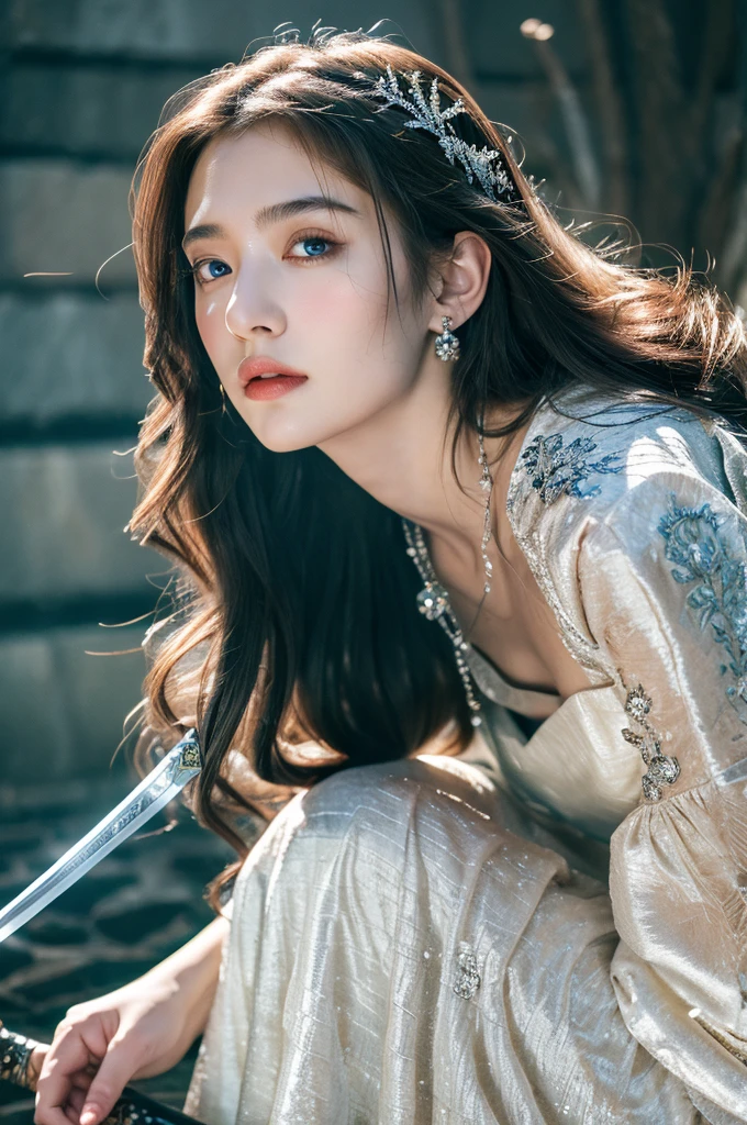 ( masterpiece, top quality, best quality,8k,17 years old girl,ultra detailed,raw photo:1.5),(photorealistic:1.4),(cinematic lighting), PerfectNwsjMajic, , Surrealism, UHD, ccurate, Super detail, textured skin, High detail, Best quality, dynamic angle, (high nose,White skin),[Beautiful blue eyes],[flat chest:large breasts:0.5],(1girl),(good anatomy:0.5)), of a woman in a dress with a sword, a beautiful fantasy empress, ((a beautiful fantasy empress)), beautiful fantasy maiden