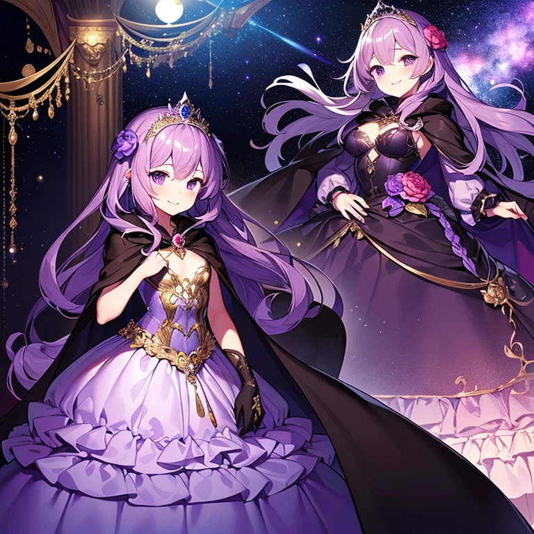 (kawaii),(best quality),(ultra detailed),(rococo style),(long train dark violet cape:1.15), very long cape,(long train dark violet ball gown with flower decorations:1.1), a girl is wearing a cape over her gown, 1 little princess, tiara, smile, very long hair, small breasts, beautiful detailed eyes, beautiful detailed lips