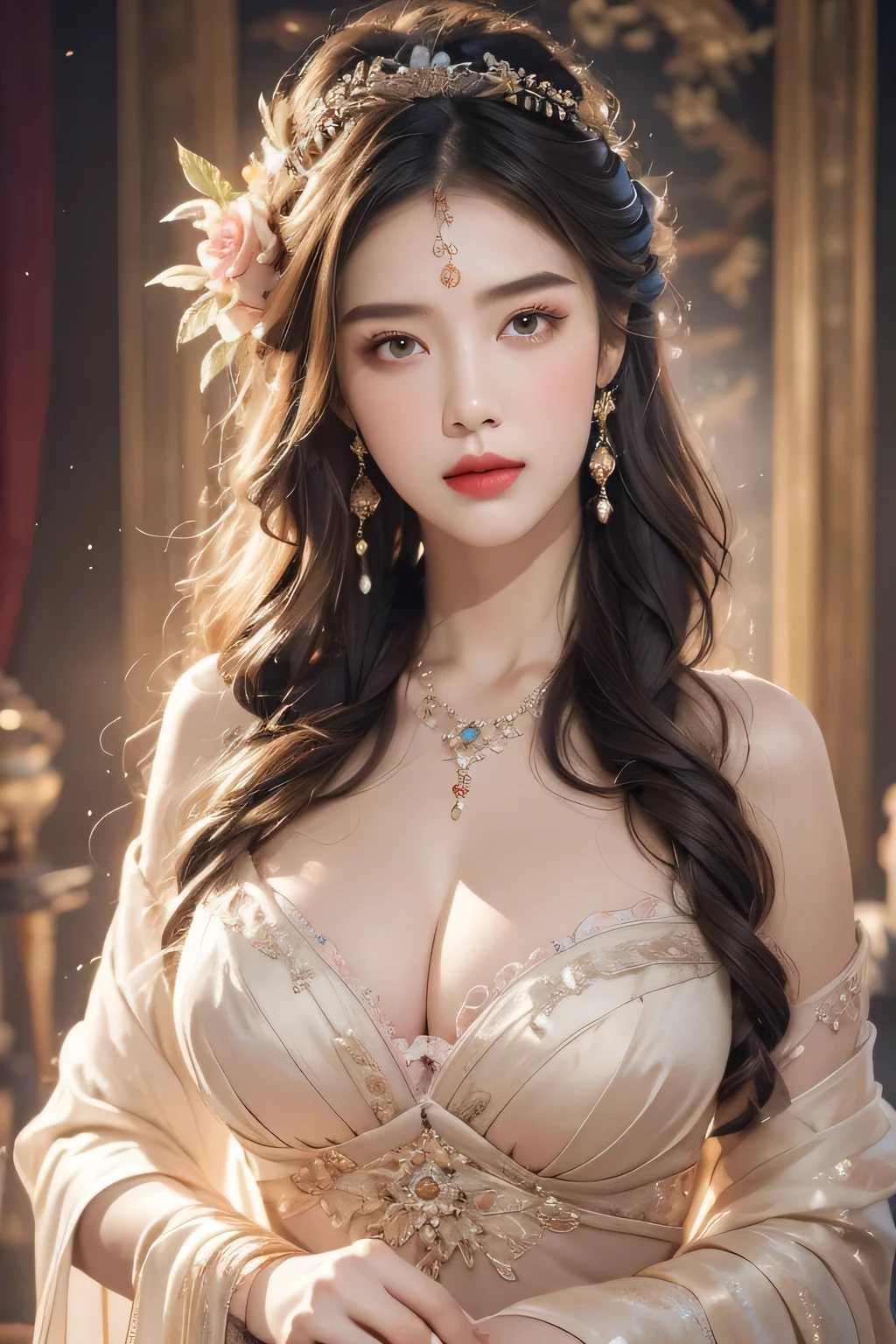 High-quality work,Realistic works,Super premium graphics,8K HD CG works,high quality graphics,High-definition and exquisite CG works,10x pixels,Ultra-fine details:1.1,Advanced technical details:1.1Realistic photo effects,Interior lighting effects:1.5,natural soft light:1.5. Light effect(Virtual light effects:1.8),ultra high resolution,shining dress,sliver long hair,silber hair,transparenthair,high detailed hair(Quality hair details:1.1)Clear eyes,Double eyelids look good,Sharp eye makeup, Create exquisite eyelash makeup, tthin eyebrows, Ultra-detailed eyes,a tall nose, lovely red lips, rosey cheeks, With delicate makeup on her face , pretty face, The face shape is perfectly proportioned,(Advanced facial details:1.1)(bare shoulders:0.85), ((nude:1)),(boobs naked:0.55), (Glowing ambiance, enchanting radiance, luminous lighting, ethereal atmosphere, mesmerizing glow, evocative hues, captivating coloration, dramatic lighting, enchanting aura),1girl, masterpiece,best quality, 1girl, (in smoke:1.1),(dynamic smokeanywhere:1.4),(upper body:1.2),((nipples:0.55)),(1 Chinese patterns in the middle of the girl's forehead),girl with a weak temperament, epic cinematic, soft nature lights, rim light, absurd, amazing, funny, itricate, hyper detailed, ultra realistic, soft colors, white flowerpink flowers,,Women's artwork,Dress full body video,Realism,Amazing Cleavage,My eyes are very bright today
